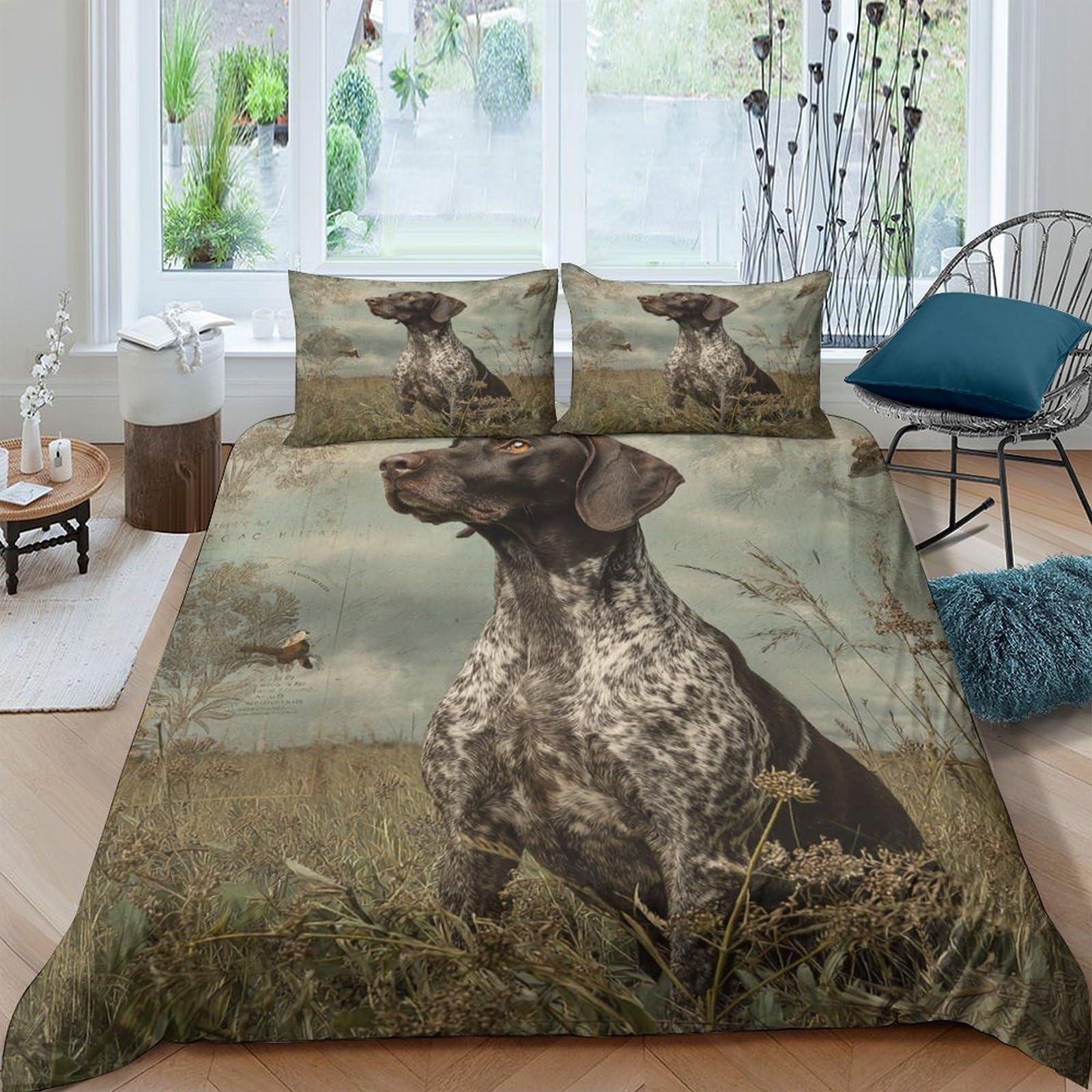 XFKLYNVCJ 3D Printed German Shorthaired Comforter Cover Premium Polyester Vintage Hunting Duvet Cover Shrink Resistant Quick Drying for College Bedroom Student Dormitory Use Single（135x200cm）