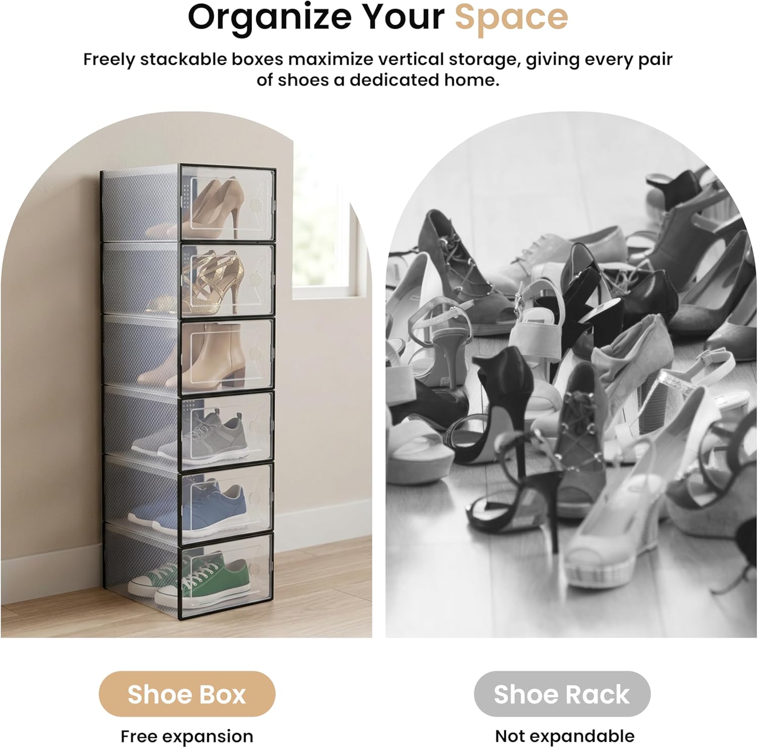 HealSmart 15-Pack X-Large Shoe Storage Boxes, Stackable Plastic Shoe Organizer with Lids, Large Shoe Rack & Storage Containers for Closet, Under Bed, Entryway, Black