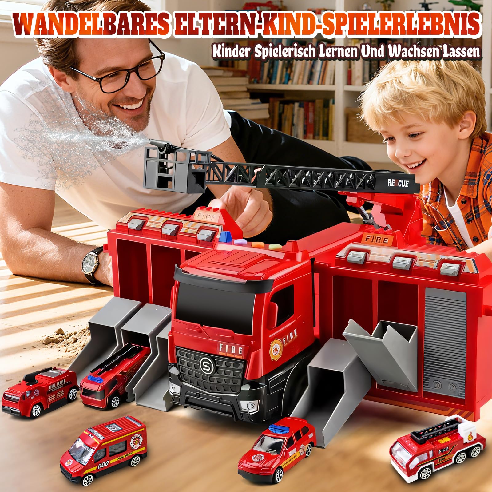Großer Feuerwehr Truck Spielzeug, Rettungsfahrzeug Set mit 6 Mini Autos, Feuerwehrauto Autotransporter Spielzeug für Kinder ab 2 3 4 Jahren Kindergeburtstage und PD