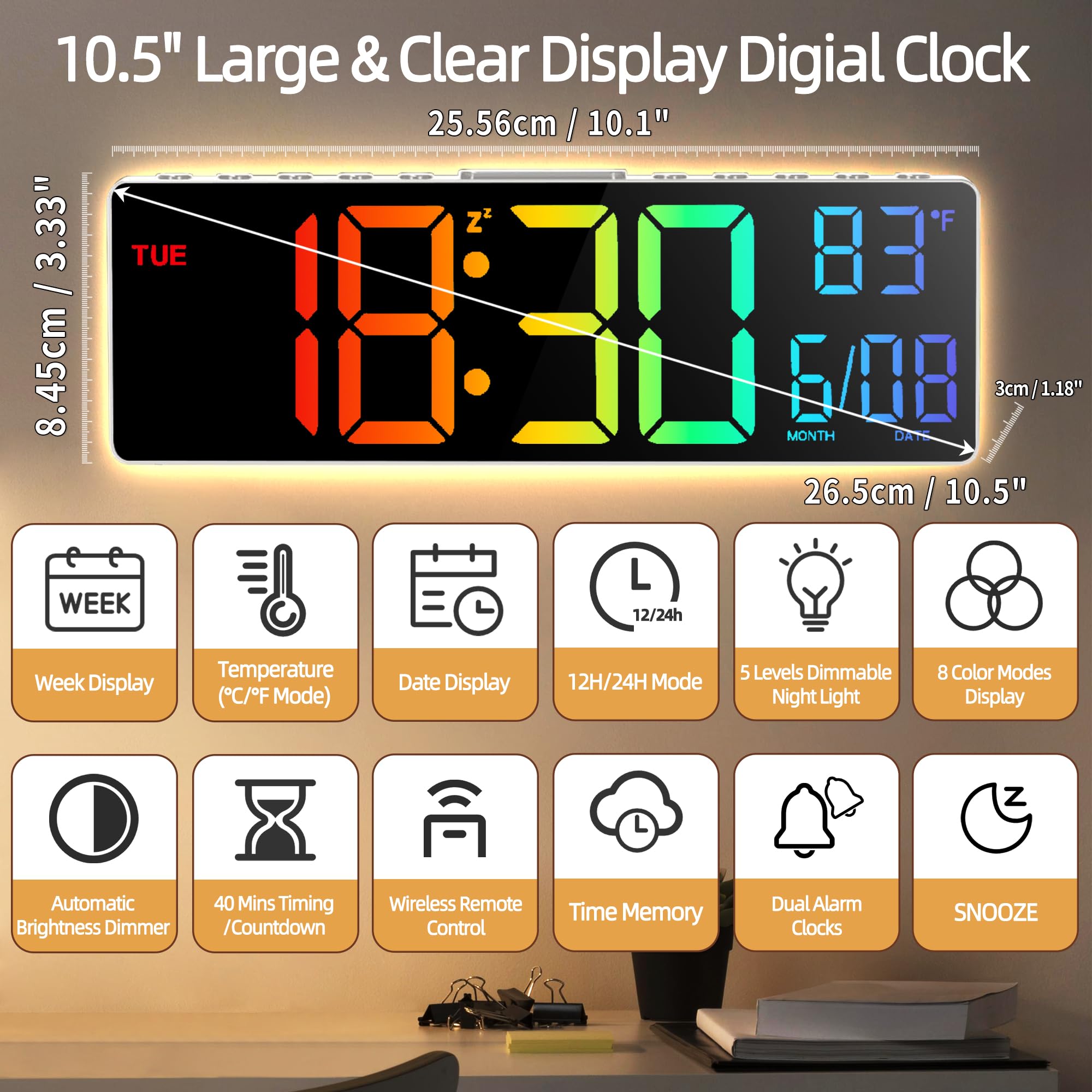 HAITANG Orologio da Parete Digitale - Orologio Digitale da Tavolo 10,5" con Indicazione della Temperatura, Data e Giorno, Dimmer Automatico della Luminosità RGB, Luci Notturne per Scrivania