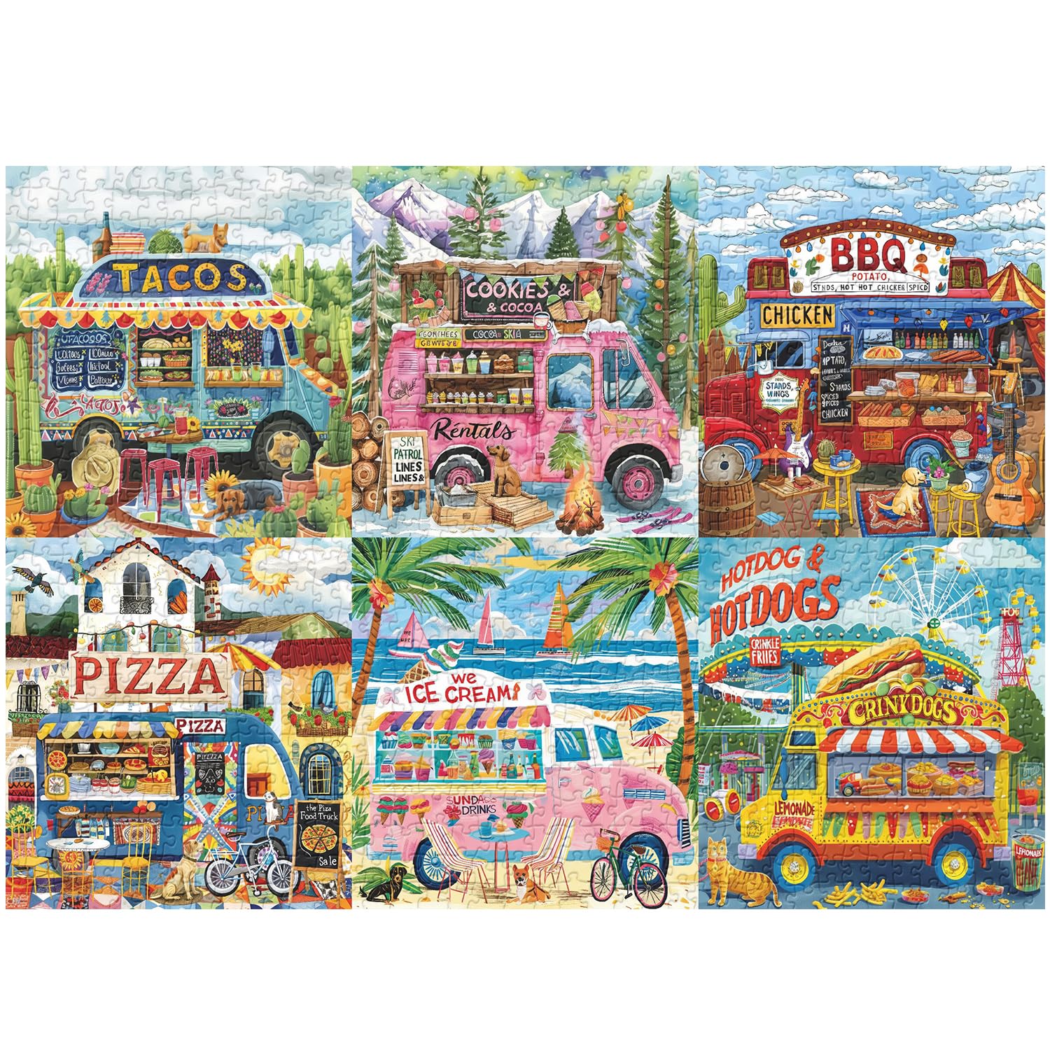 Food Truck Puzzle 1000 Piece for Adults, Pizza Truck Ice Cream Truck Puzzle Jigsaw Puzzles, Funny Summer Beach Food Car Puzzle as Home Decor, Food Truck-B