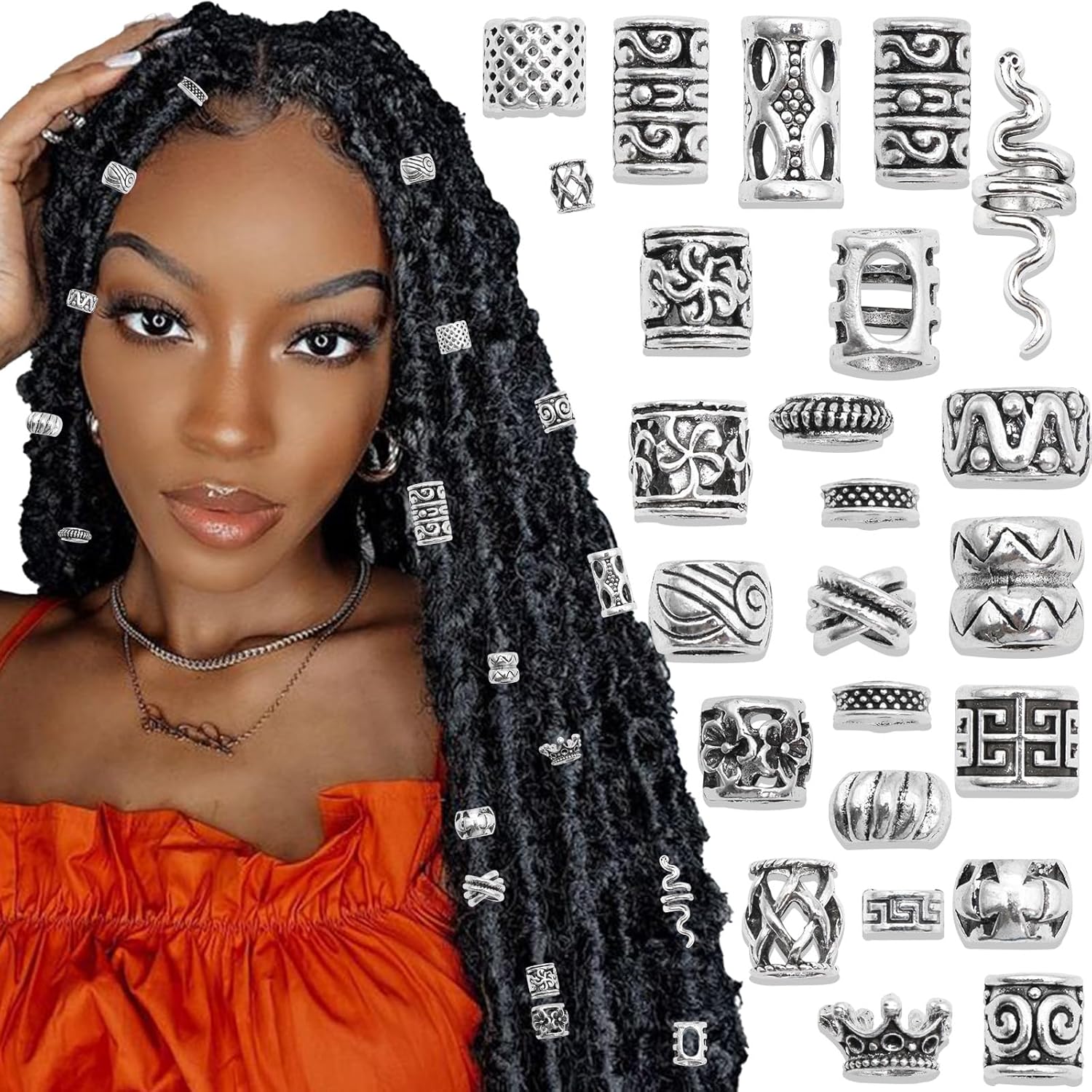 NAISKA 26PCS Silver Hair Beads Loc Jewelry Dreadlocks