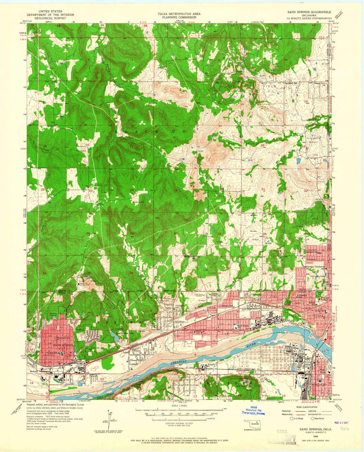 YellowMaps Sand Springs OK topo map, 1:24000 Scale, 7.5 X 7.5 Minute, Historical, 1956, Updated 1965, 27.3 x 22 in