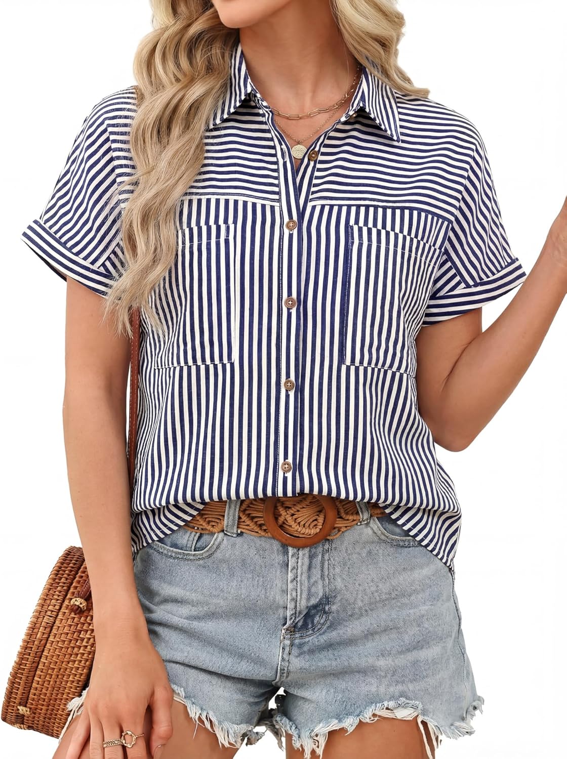 Button Down Shirt for Women Short Sleeve Blouses Dressy Casual Business Work Summer Vacation Tops Hawaii Shirts with Pockets - Image 6