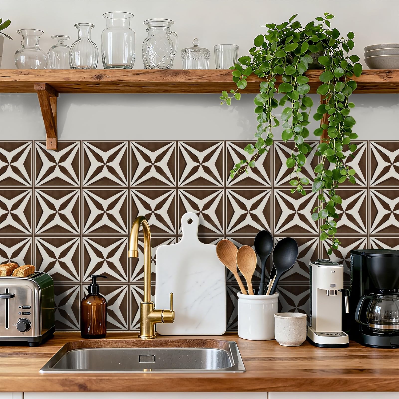 Peel and Stick Wall Tiles Geometric Brown Tiles Self Adhesive PVC Home Decor Backsplash Kitchen Tile Stickers Waterproof Tile Stickers for Bathroom 20x20cm /24 Pcs