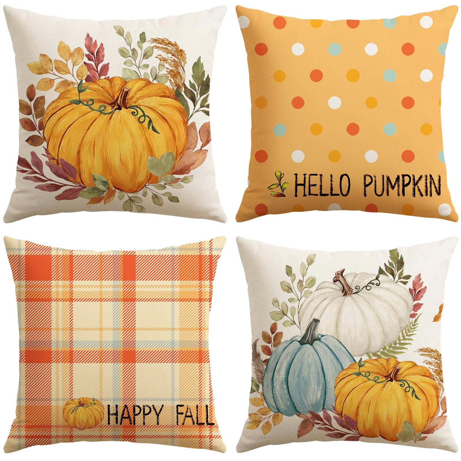 Artscope Fall Cushion Covers 40x40cm, Set of 4 Autumn Pillowcases Thanksgiving Pillow Covers for Sofa Living Room Holiday Party Fall Decor Plaid Polka Dot Pumpkins