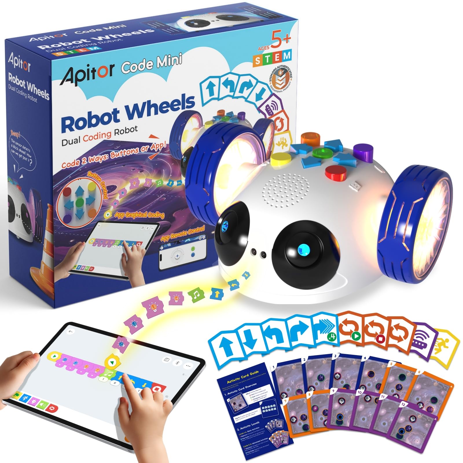 A child's hands pressing buttons on the Apitor Robot Wheels, with coding cards and a space map visible, demonstrating screen-free button coding.
