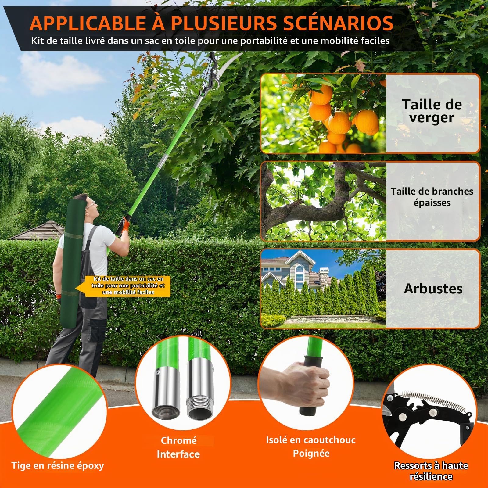 Scie d'élagage avec manche télescopique, 9 m, scie à main, mécanisme de poulie, kit d'outils de jardin avec sac de transport pour palmiers, arbres hauts (sécateur inclus)