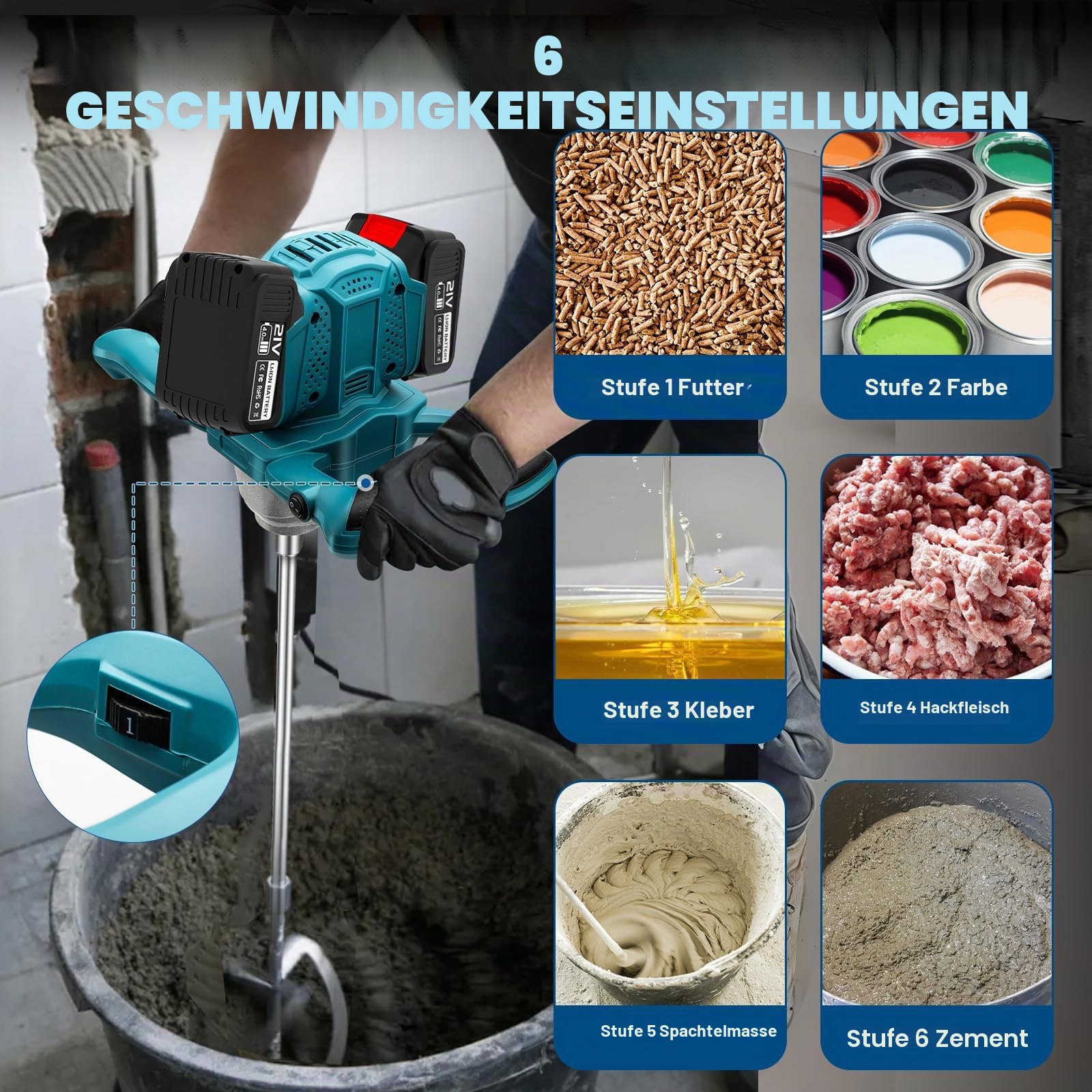 Akku-Farbmörtelrührer mit 2 Batterie, Farb-Mörtelrührer, 1200W Rührwerk