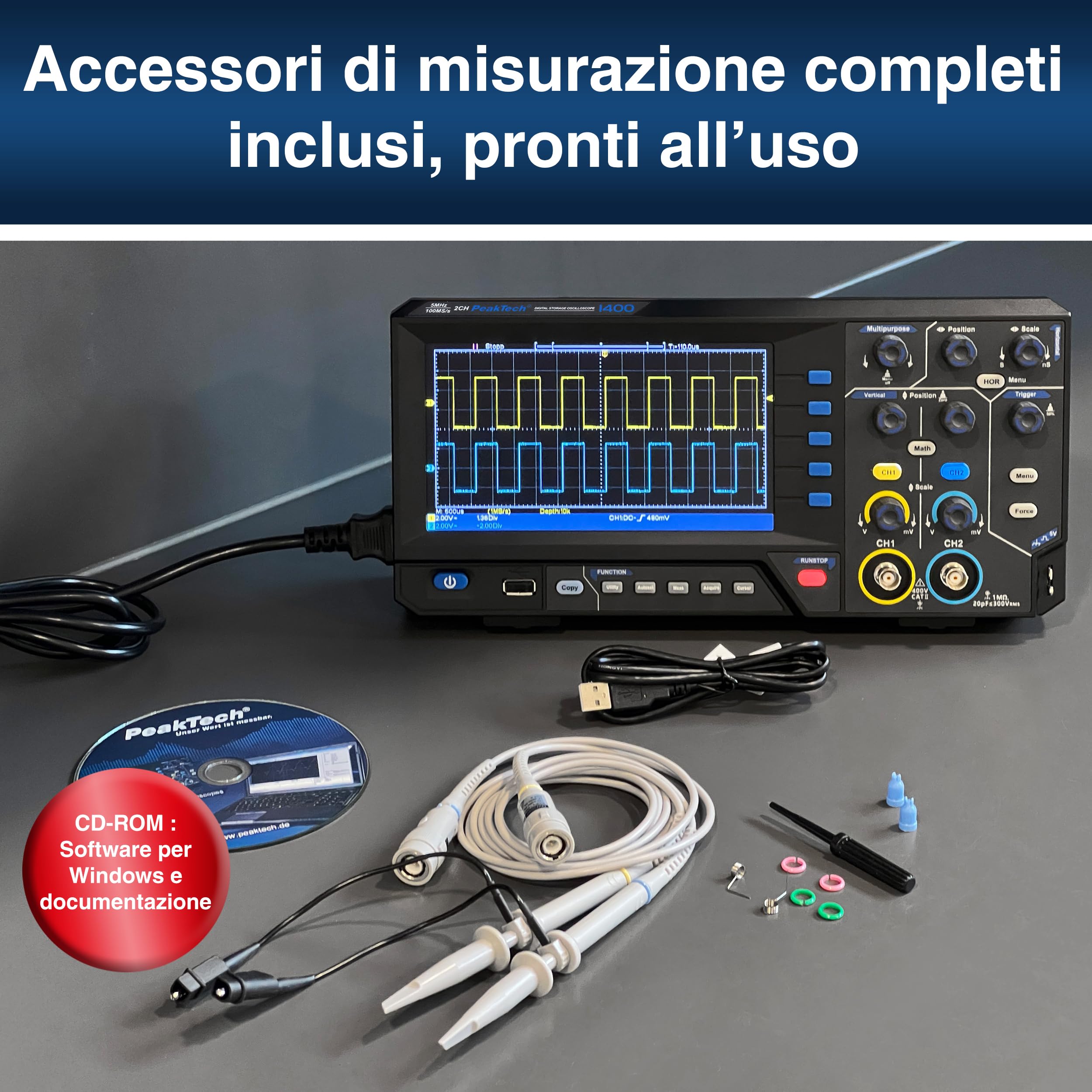 PeakTech 1402 - Oscilloscopio digitale a 2 canali [3 anni di garanzia] 20 MHz, 250 MS/s, interfaccia USB, software PC, Oscilloscopio P 1402, nero, oscilloscopio USB, oscilloscopio multimetro