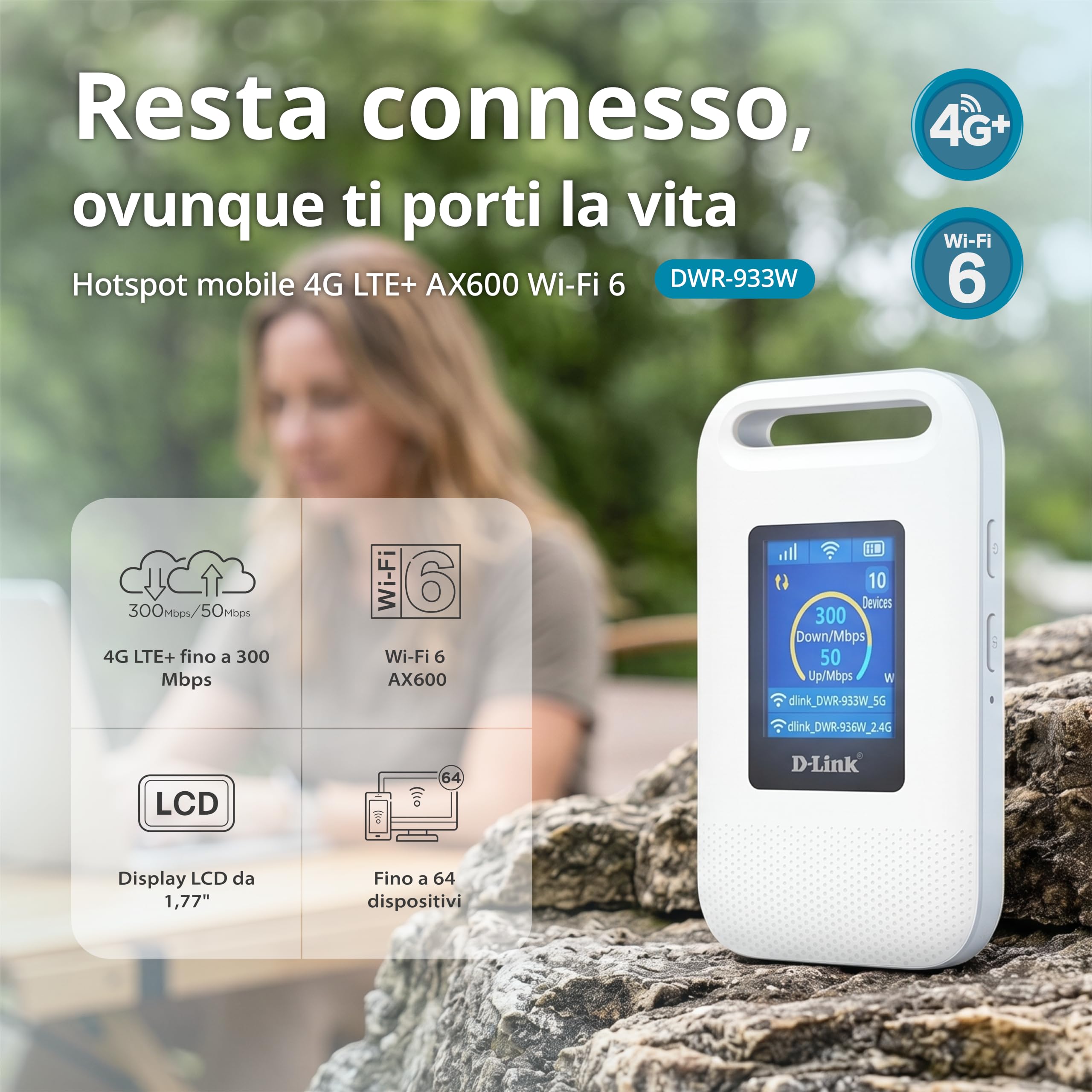 D-Link DWR-933W Hotspot Mobile 4G LTE+ AX600 Wi-Fi 6, Router SIM Portatile con Display LCD, Wi-Fi Dual Band, Fino a 64 Dispositivi, Batteria da 3000 mAh, USB-C