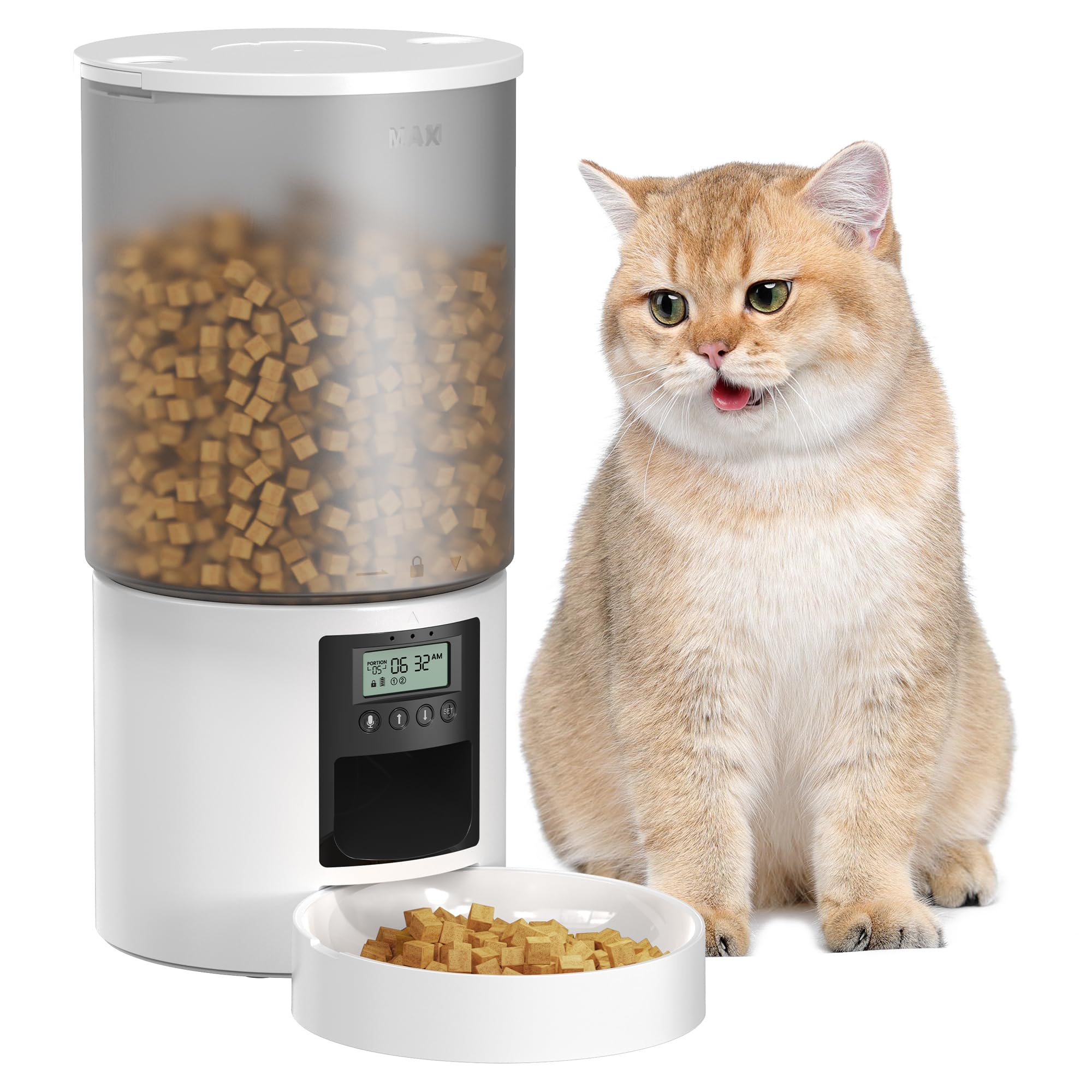 Distributore Automatico Cibo Gatti: Dispenser Crocchette Gatto con 10S Registrazione - Dosatore Crocchette per Cani con Orari di Mangiatoia Personalizzati 1-6 Pasti al Giorno Timer Bianco 6L