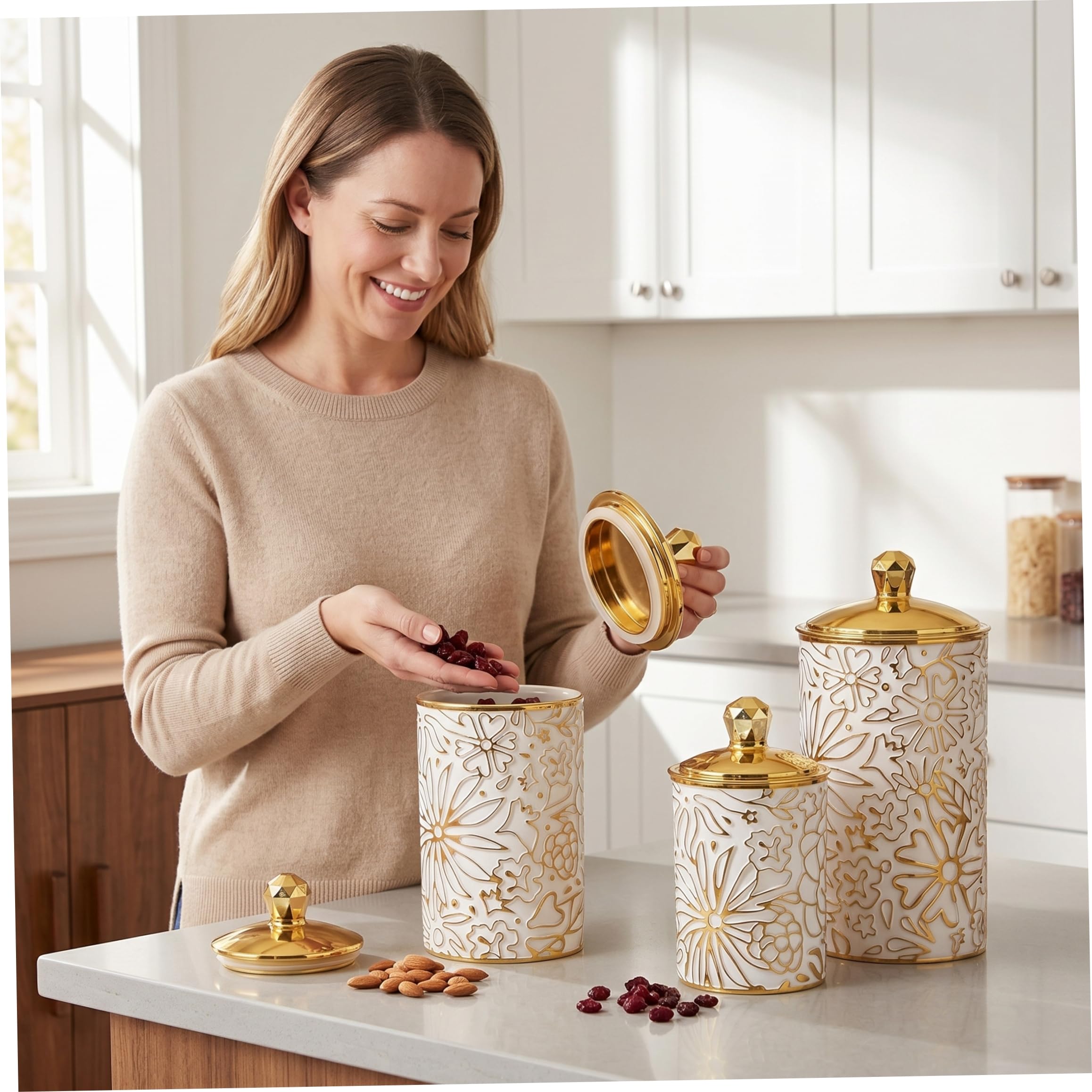 Latemeia Tea Coffee Sugar Canister Set, 3pcs Kitchen Canisters, Nesting Airtight Storage Jars For Tea, Coffee, Sugar & Snacks, Milky White With Gold Flowers, Indoor Outdoor