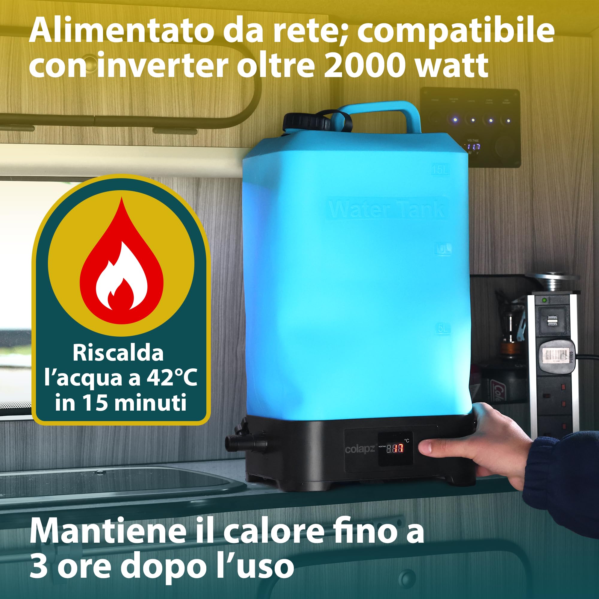 Colapz Doccia da Campeggio Elettrica Portatile con Batteria & Serbatoio 15L – Doccia Esterna Riscaldata Fino a 42 °C – Mobile per Camper, Van, Viaggi, Festival, Trekking & Giardino