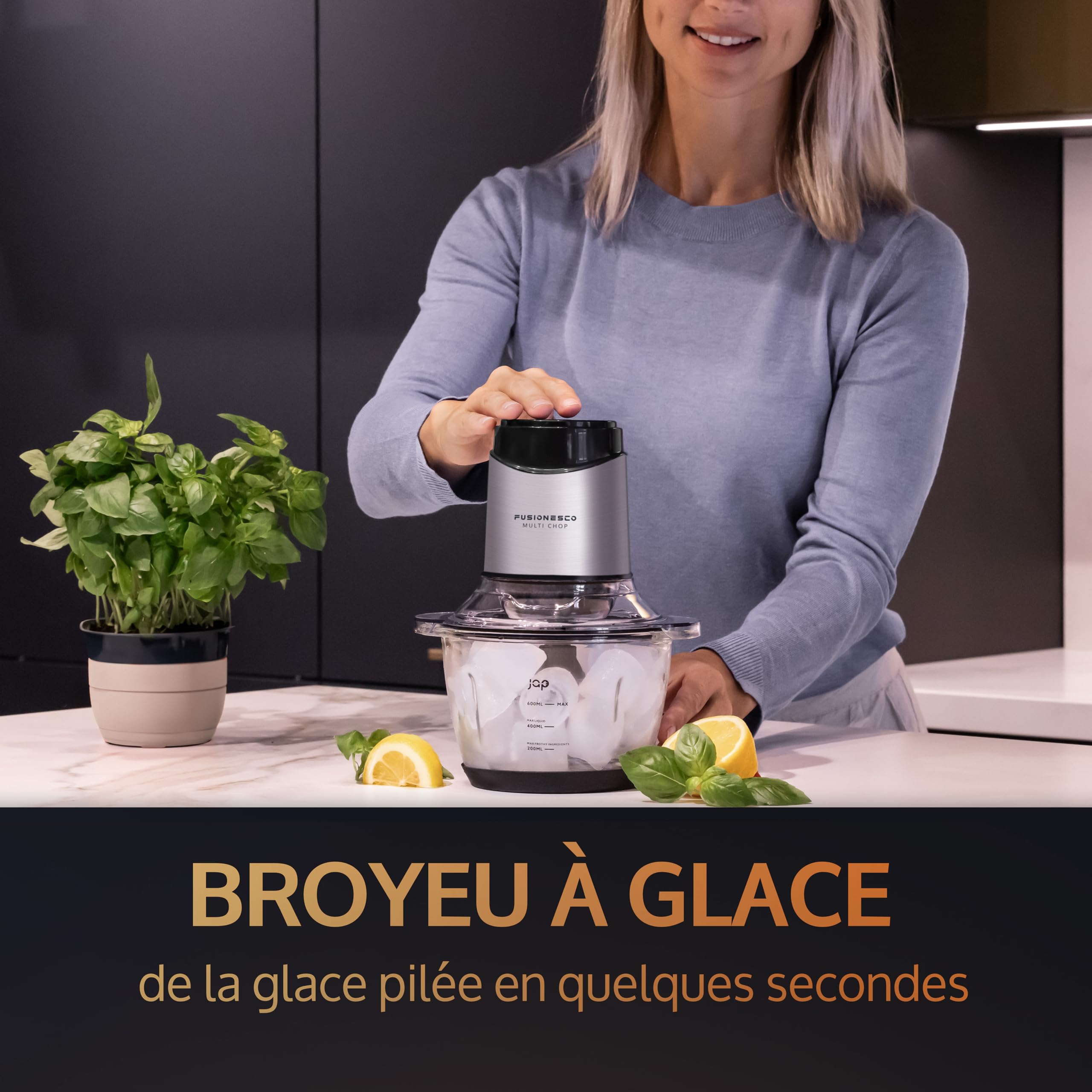 JAP Multi Chop Hachoir Électrique - Hachoir a viande - Blender - Mixeur soupe - Pour Hacher Viande, glaçons, Oignon, Herbes, Fruit Sec Rapide et Sans Efforts - 1.2L, 400W - Avec 6 lames en titane
