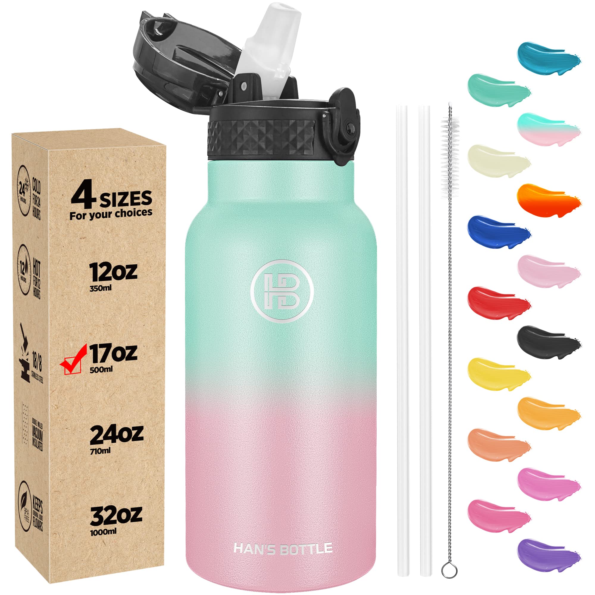 Han's Bottle Kids Water Bottle with Straw Lid - Insulated Stainless Steel Reusable Tumbler for Girls,Boys,Thermo Mug,17oz,Bubble Gum