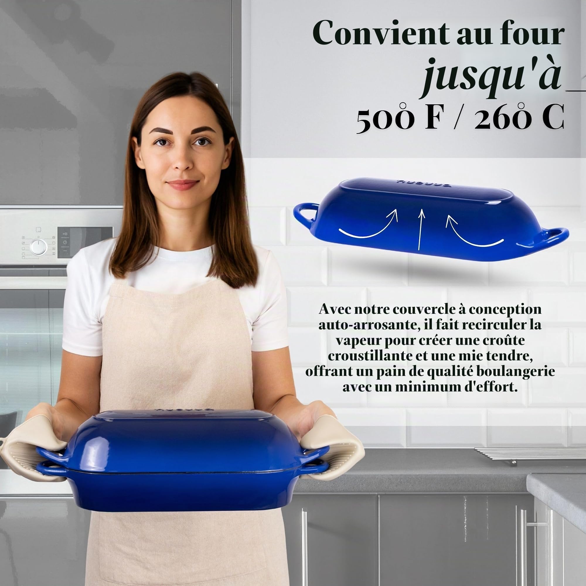 Casserole à pain en fonte émaillée - Cocotte pour la cuisson du pain au levain - Passe au four - Antiadhésive - Rectangulaire - Bleu foncé - 32 cm x 16 cm Nuovva