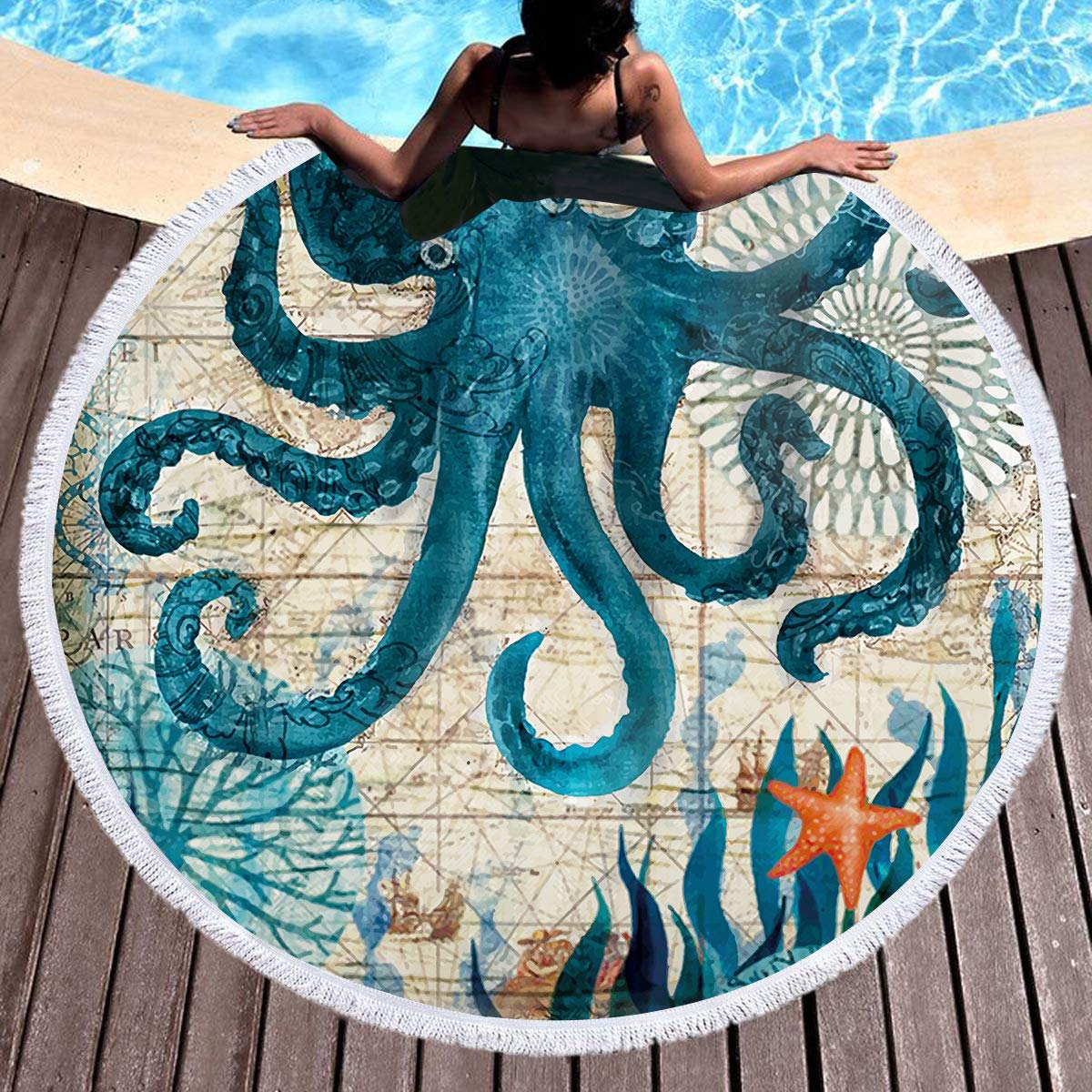 LIUNIAN Ocean World Beach Towel Microfiber Round Beach Towels Large 150cm x 150cm 59 Inches for Women Boys Girls Kids