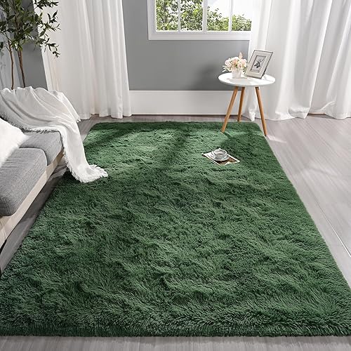 Miniatura 2 de Alfombra rectangular de 4 x 6 pies, de color verde oscuro, esponjosa y mullida para dormitorio, sala de estar, para niñas y niños, alfombra