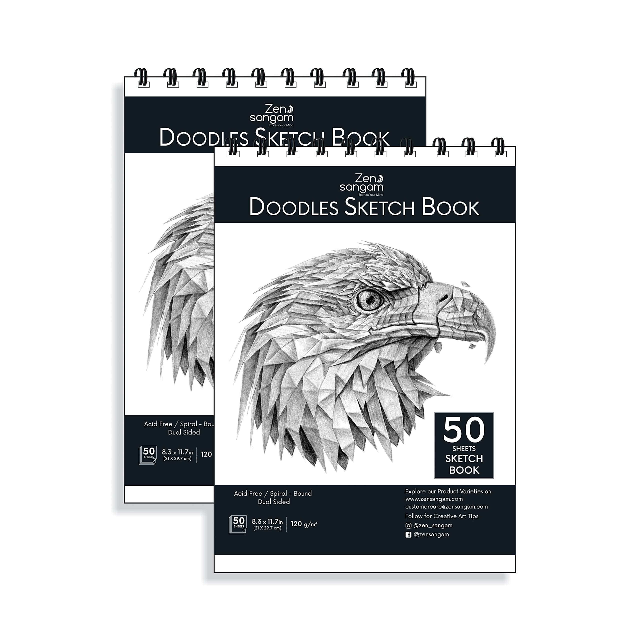 Zen Sangam Artists’ - Pack of 2 A4 Spiral Doodle Sketchbooks - 130 GSM - Ultra Smooth Surface - 200 Pages - Size (21x29.7cm) - Wiro Drawing Notebooks