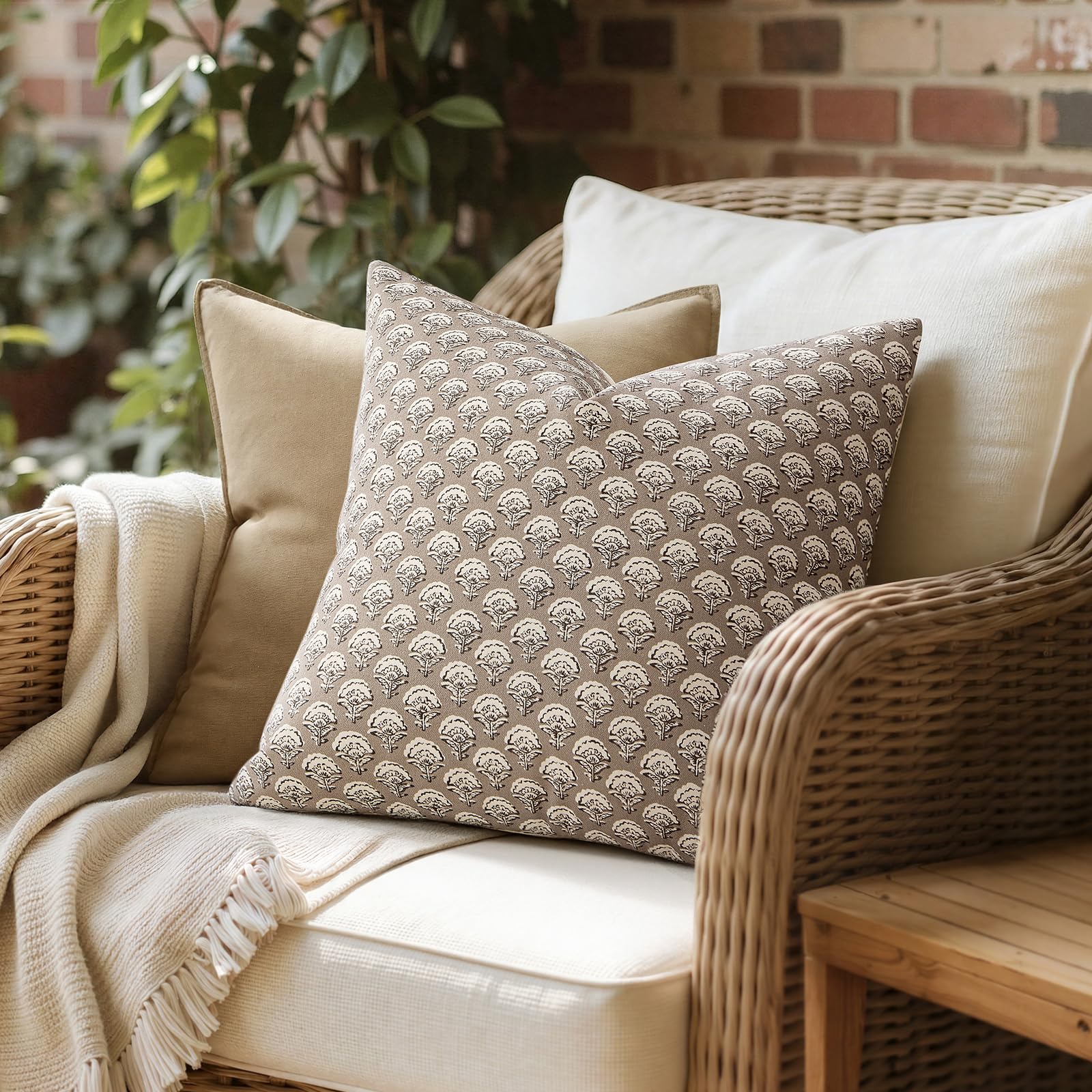 MIULEE Set of 2 Decorative Floral Pillow Covers Neutral Vintage Throw Pillows Block Print Boho Farmhouse Cushion Covers for Modern Spring Home Decor Couch Sofa Bed Living Room, 18x18 Inch, Light Taupe — view 4
