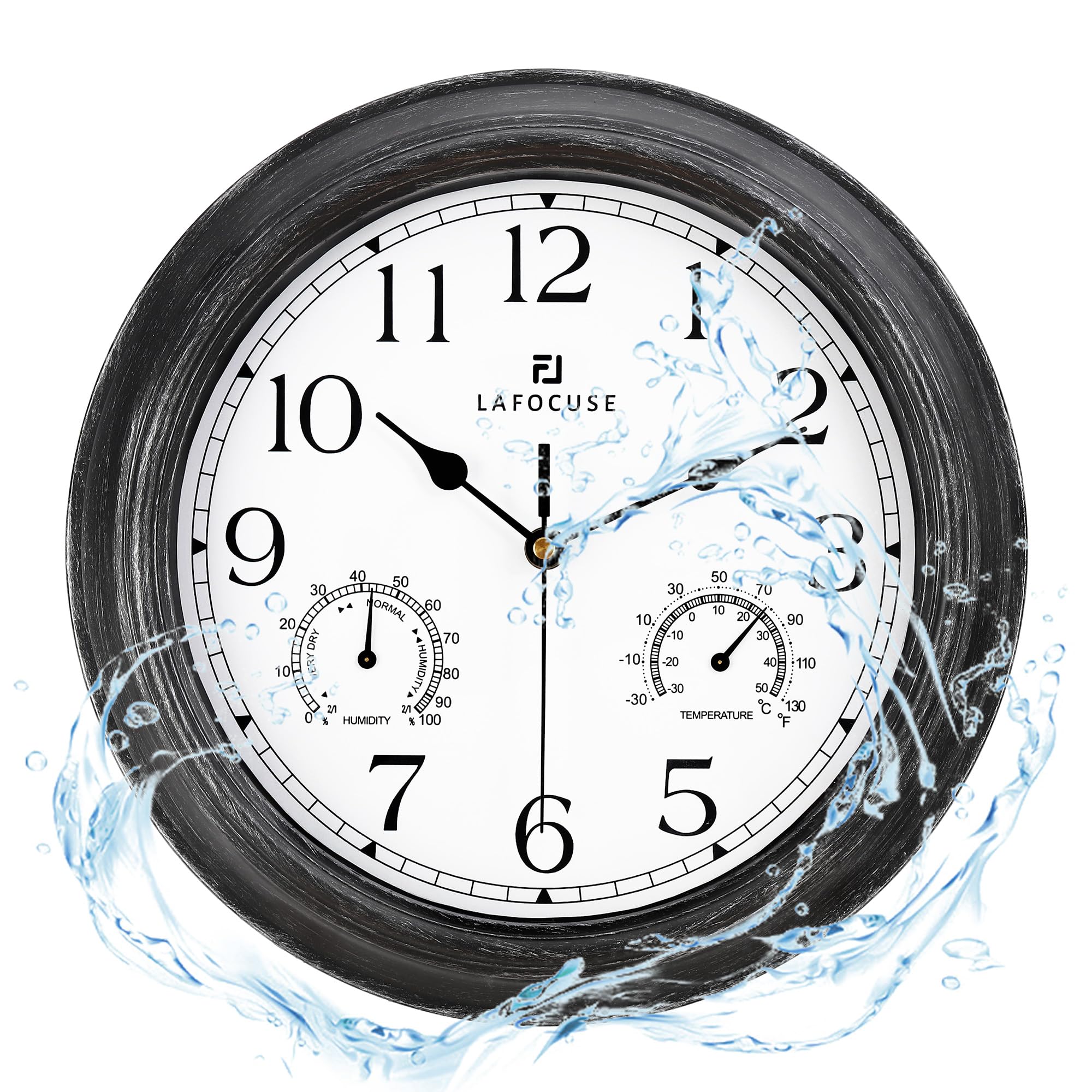 Lafocuse Horloge Murale Exterieure Etanche 30cm avec Thermomètre et Hygromètre Vintage Noir
