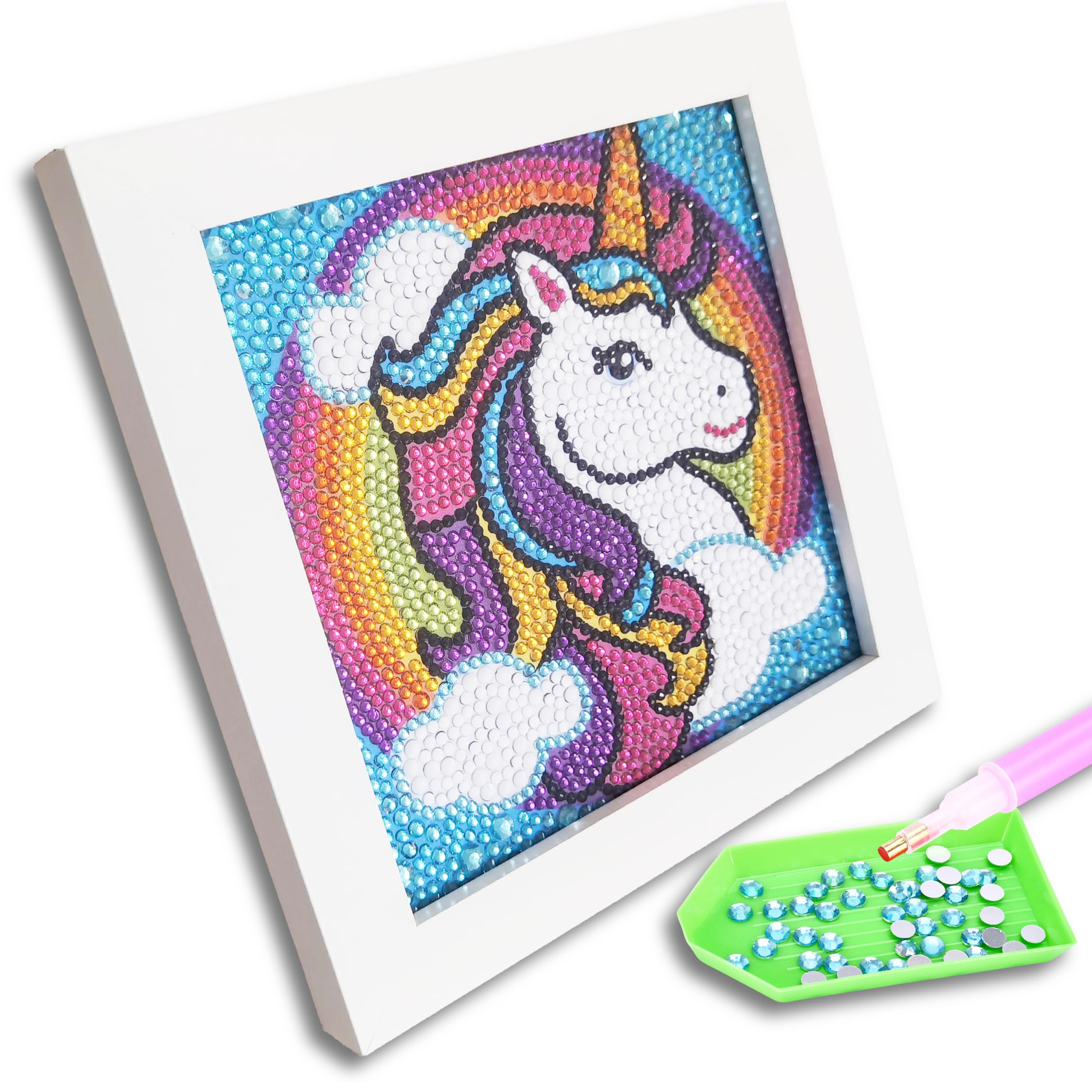 Neliblu Diamond Art for Kids - Enchanting Unicorn Theme - Includes Canvas, Frame, Diamonds, Glue, Tray, and Pen - DIY Arts and Craft Materials - Ideal Gift for Young Artists - 6"x6"