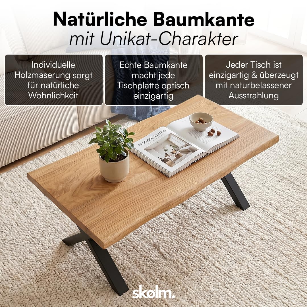 skølm Orm Couchtisch 110x55 cm, Eiche massiv, echte Baumkante, X-Gestell
