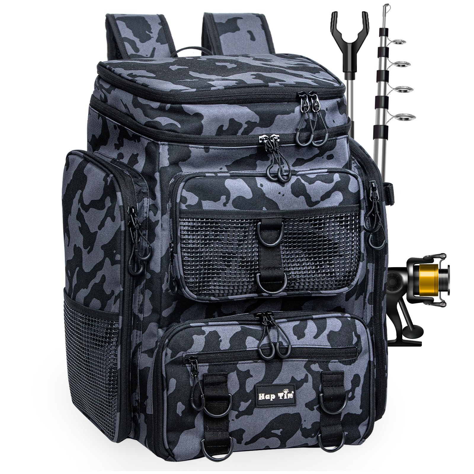 Hap Tim 42L Sac à Dos de pêche avec 2 Barres, Sac de pêche Multi-Poches, Accessoires d'équipement avec séparateur Amovible, Cadeaux pour Hommes pour Le Jour du Père Noël(FB-2308-CM-UE)