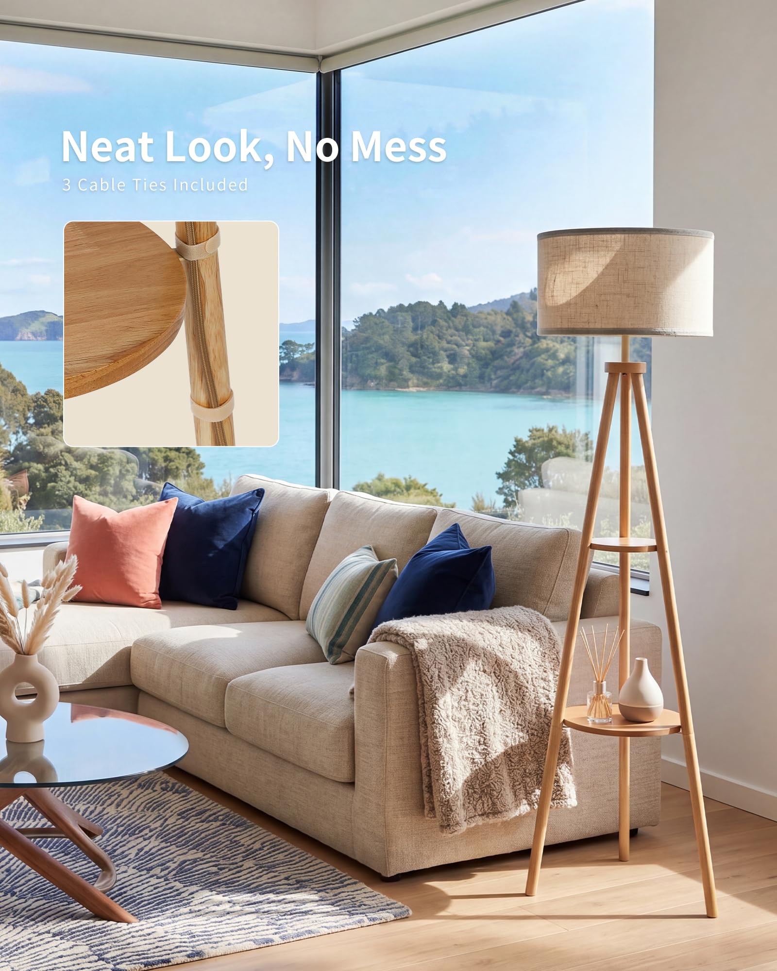Tripod-Stehlampe aus Holz mit 2 Ablagen, Boho Stehleuchte im skandinavischen Stil, beiger Stoffschirm, E27, Fußschalter, 154 cm hoch, für Wohnzimmer Schlafzimmer Ecke