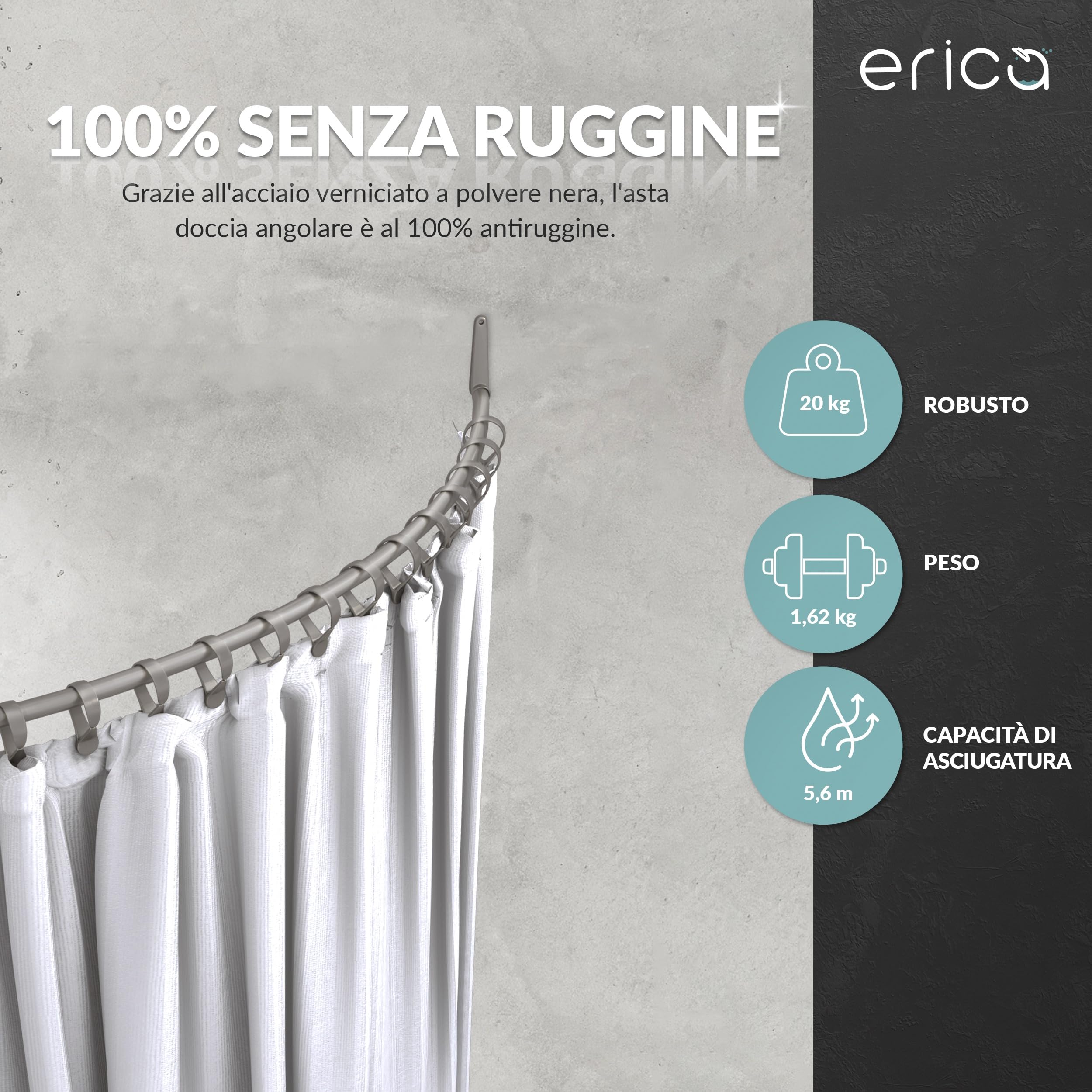 Erica Asta Angolare per Tenda Doccia 140x140 cm - 100% Antiruggine - Nero | 140x140cm, Montaggio a Parete, Senza Fissaggio al Soffitto, Asta Doccia Curva, Acciaio Verniciato a Polvere, 100% Antiruggine