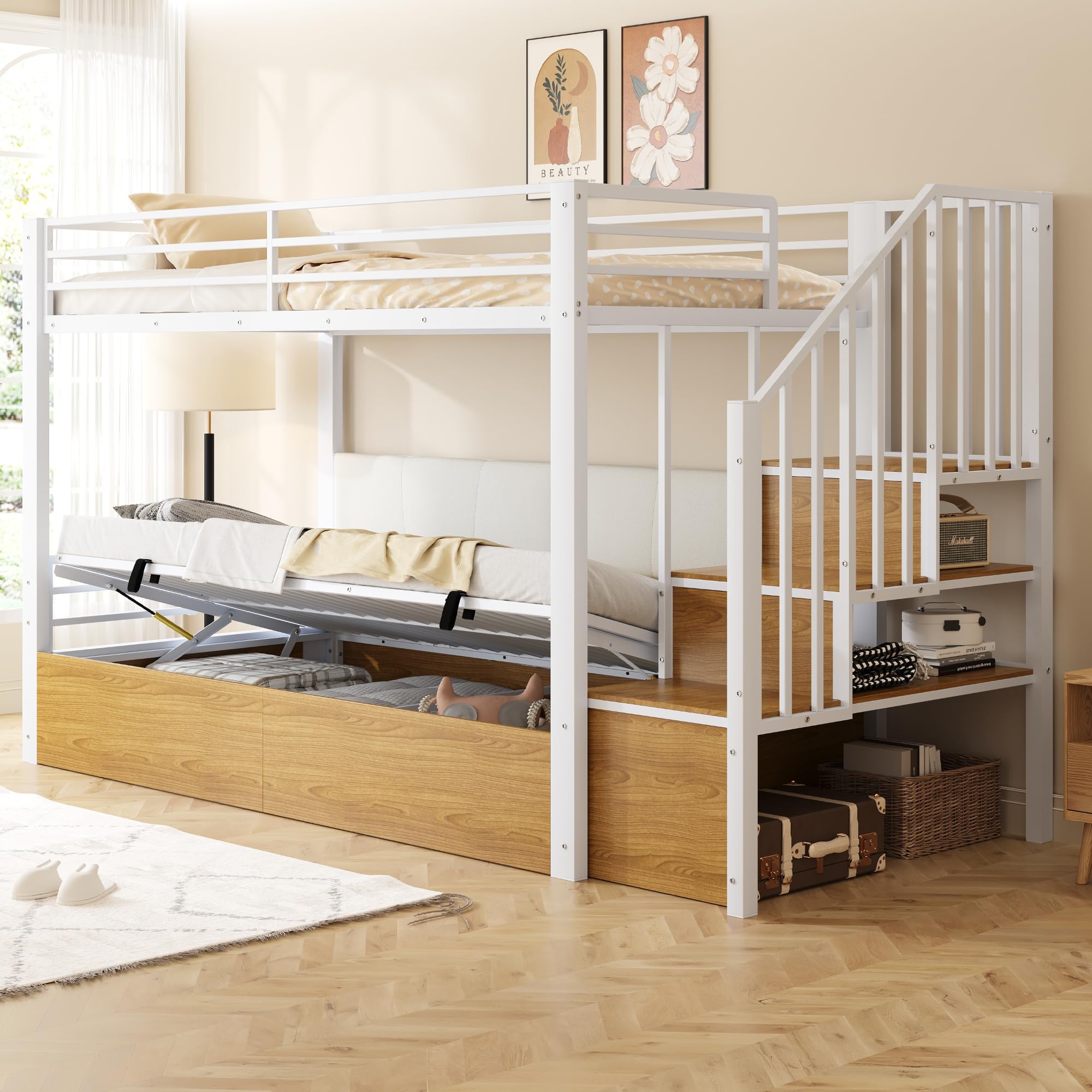 Kinderbett Etagenbett 90x200, Hochbett mit Hydraulisch Stauraum und Treppe, Hausbett mit Rückenlehne aus PU, Metall Bett Bettgestell mit Lattenrost und Rausfallschutz, Ohne Matratze (Weiß)