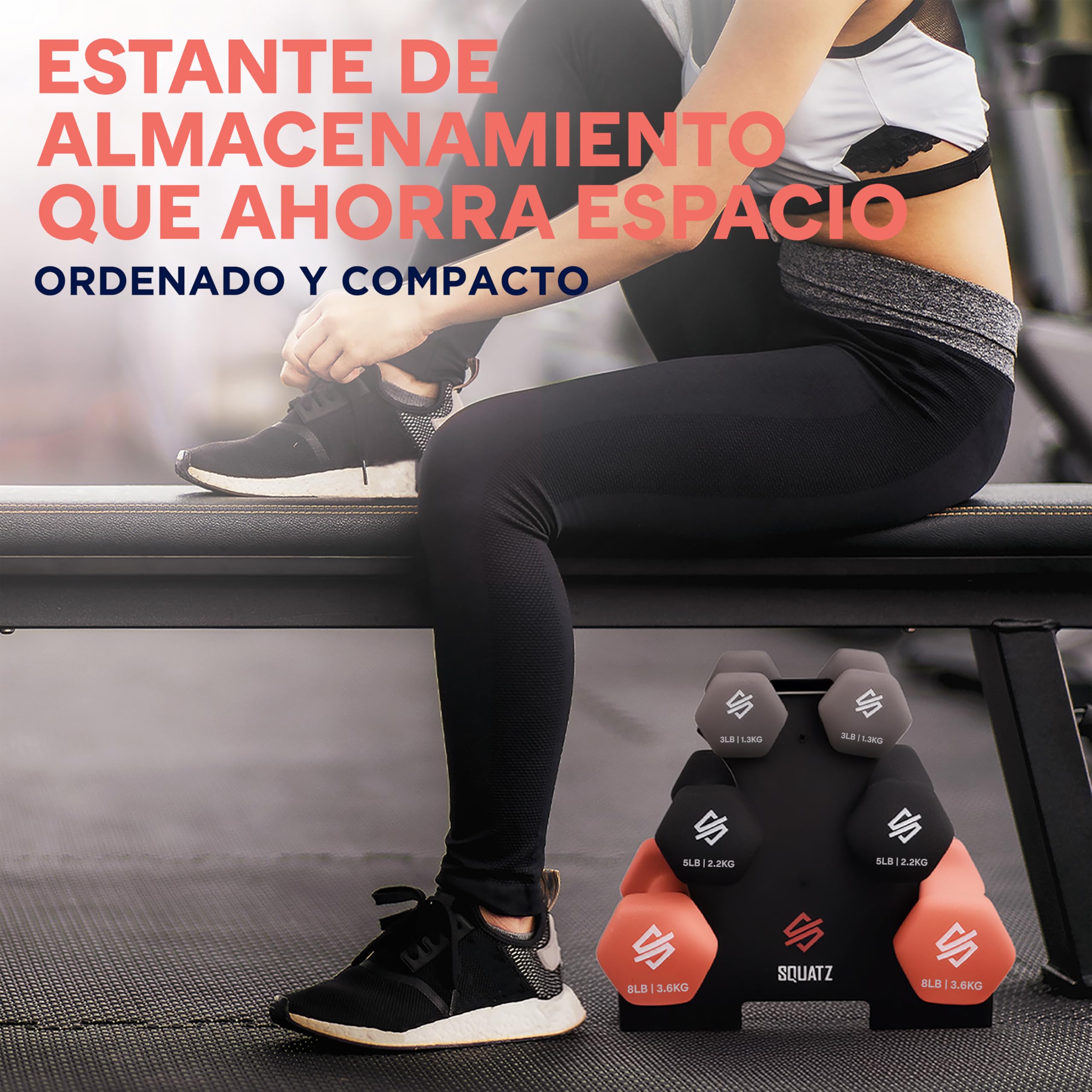 Squatz Set de Mancuernas con Soporte 14.5kgs, Pesas de Neopreno Antideslizantes Hexagonales, Juego de Dumbbells para Fitness, Entrenamiento, Yoga y Ejercicio en Casa