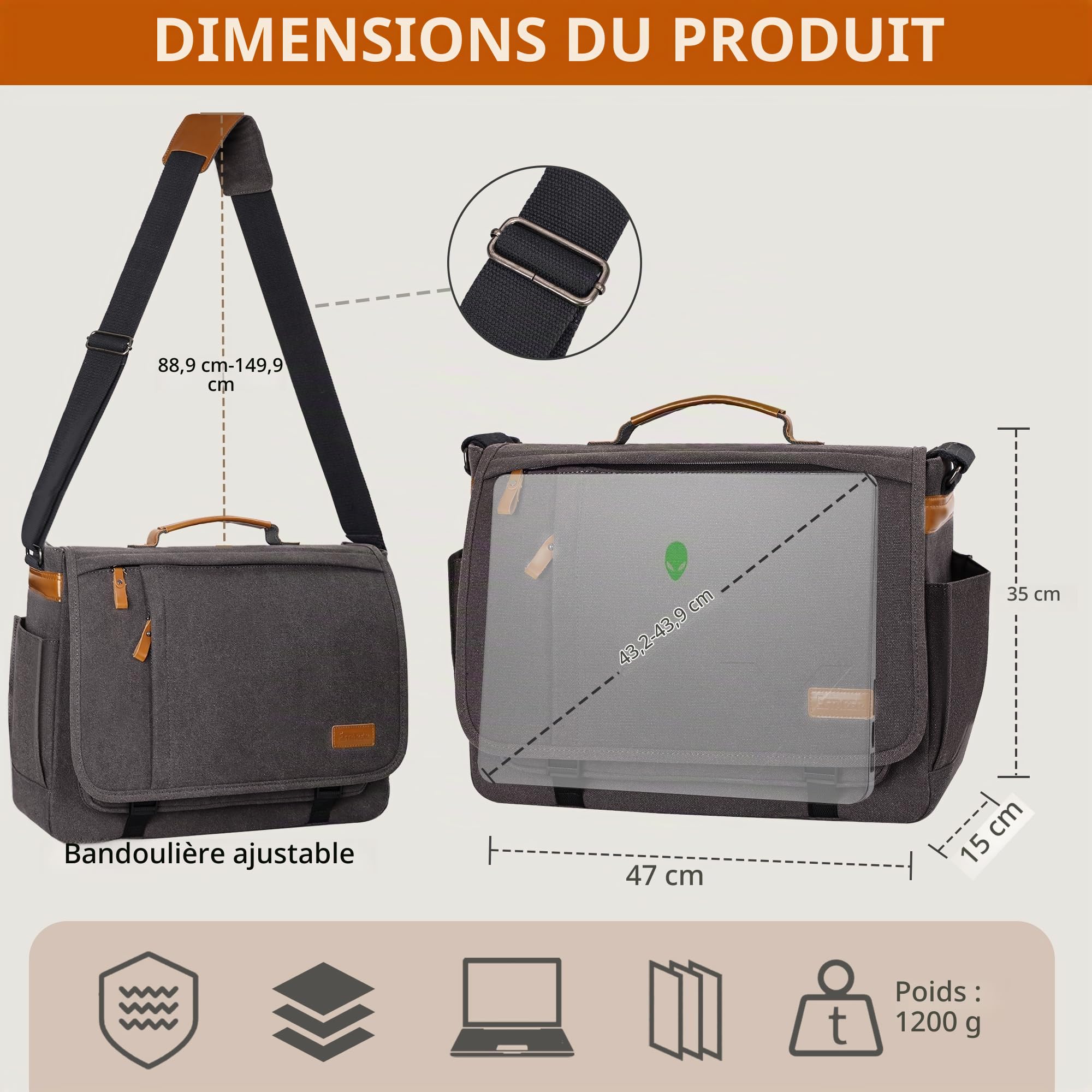 ESTARER 15.6-17.3 Inch Laptop Messenger Bag for Work School,Mens Water Resistant Canvas Crossbody Shoulder Bag