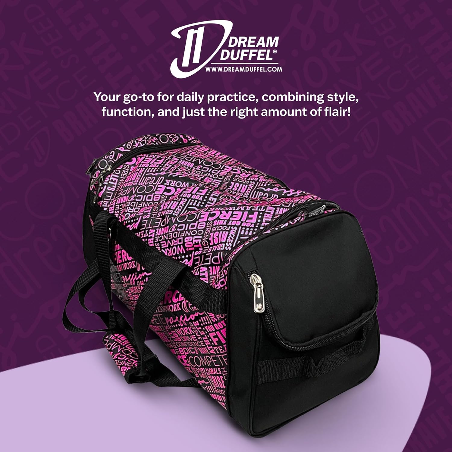 Dream Duffel Inspiration Practice Bag, Stylish Gym Tote with 2 Large Side Pockets, Perfect for Shoes & Accessories, 21.25" x 12.6" x 2.36", Pink - Image 2