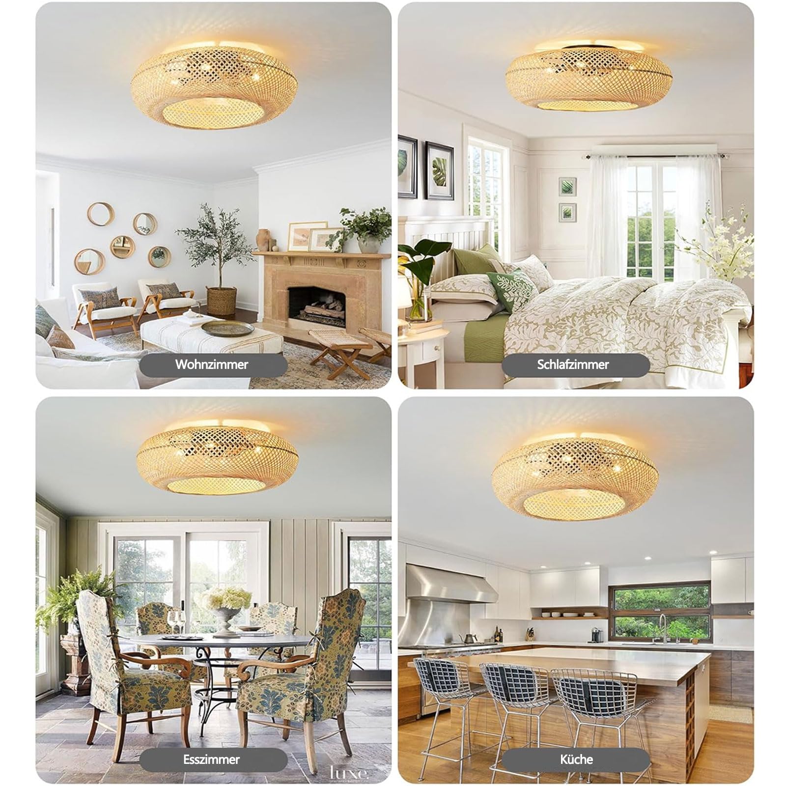 MiiR Deckenventilator mit Beleuchtung und Fernbedienung E27 Retro Bambus 6-Gang Reversibler Motor
