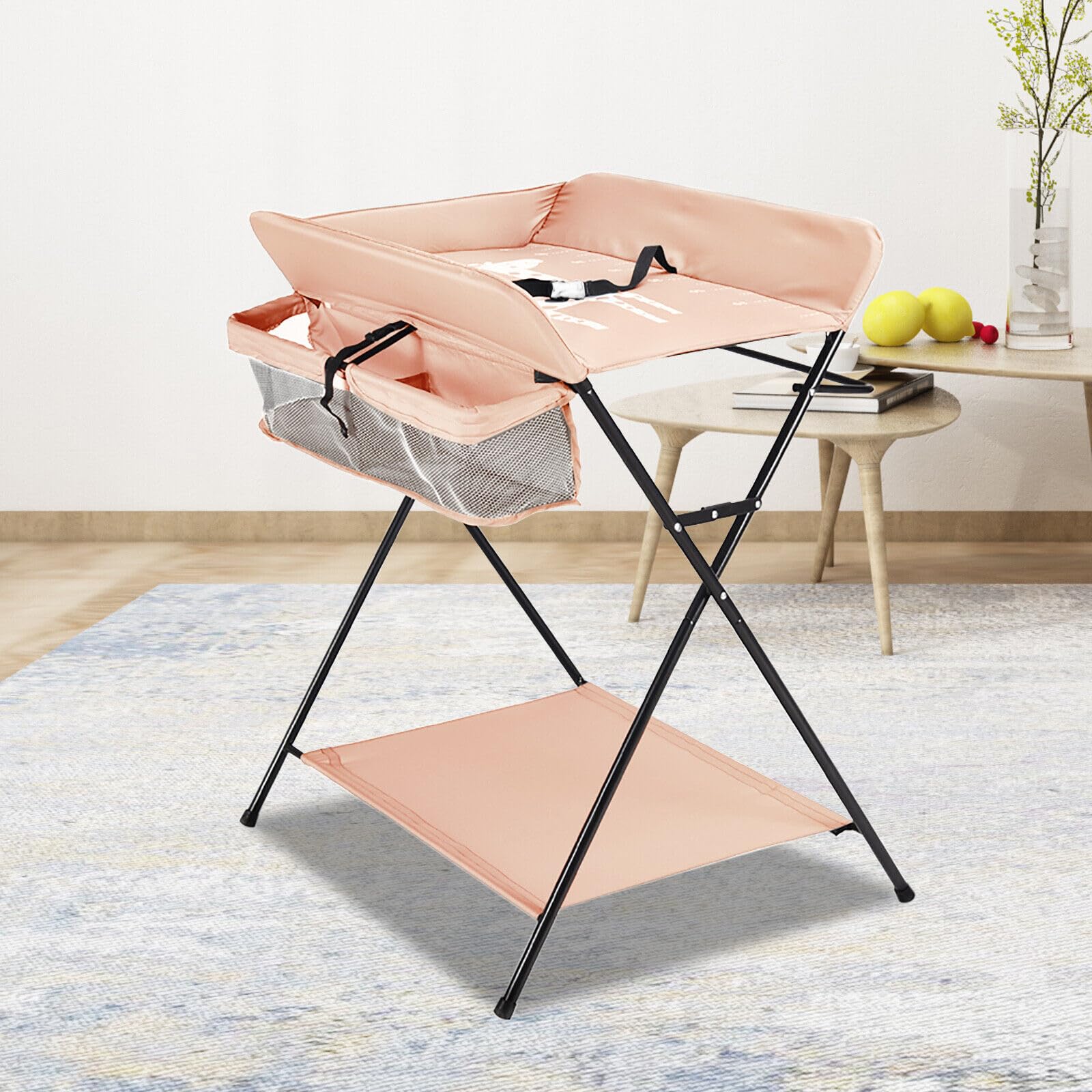 Cambiador plegable para bebé con cambiador, cinturón de seguridad y compartimentos, cambiador con escala de altura para bebés menores de 15 kg o 0-1 años, 63 x 80 cm (caqui)