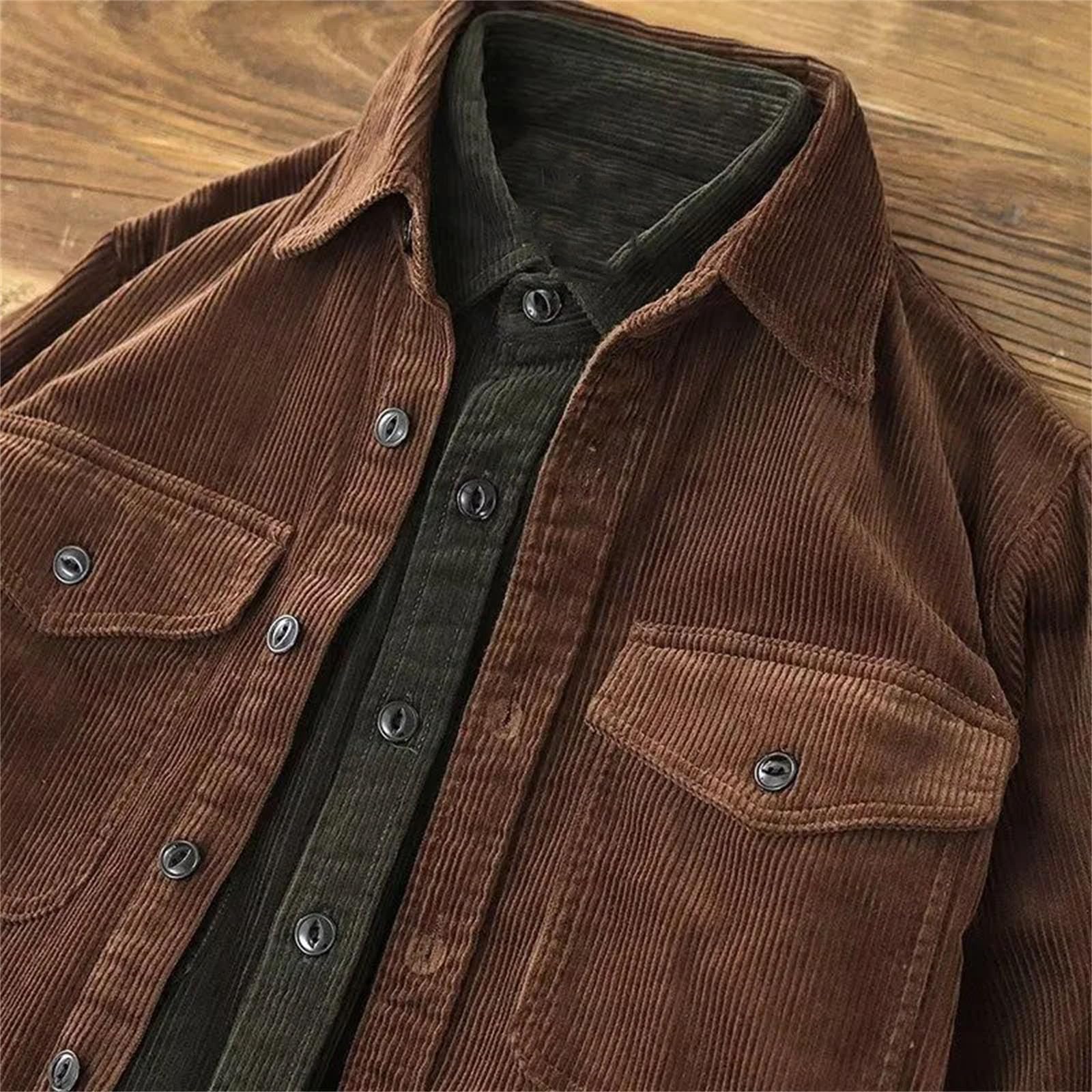 Herren-Arbeitshemd aus Kordsamt, einfarbig, Baumwolle, langärmelig, Sweatshirt, Tasche, Freizeithemden