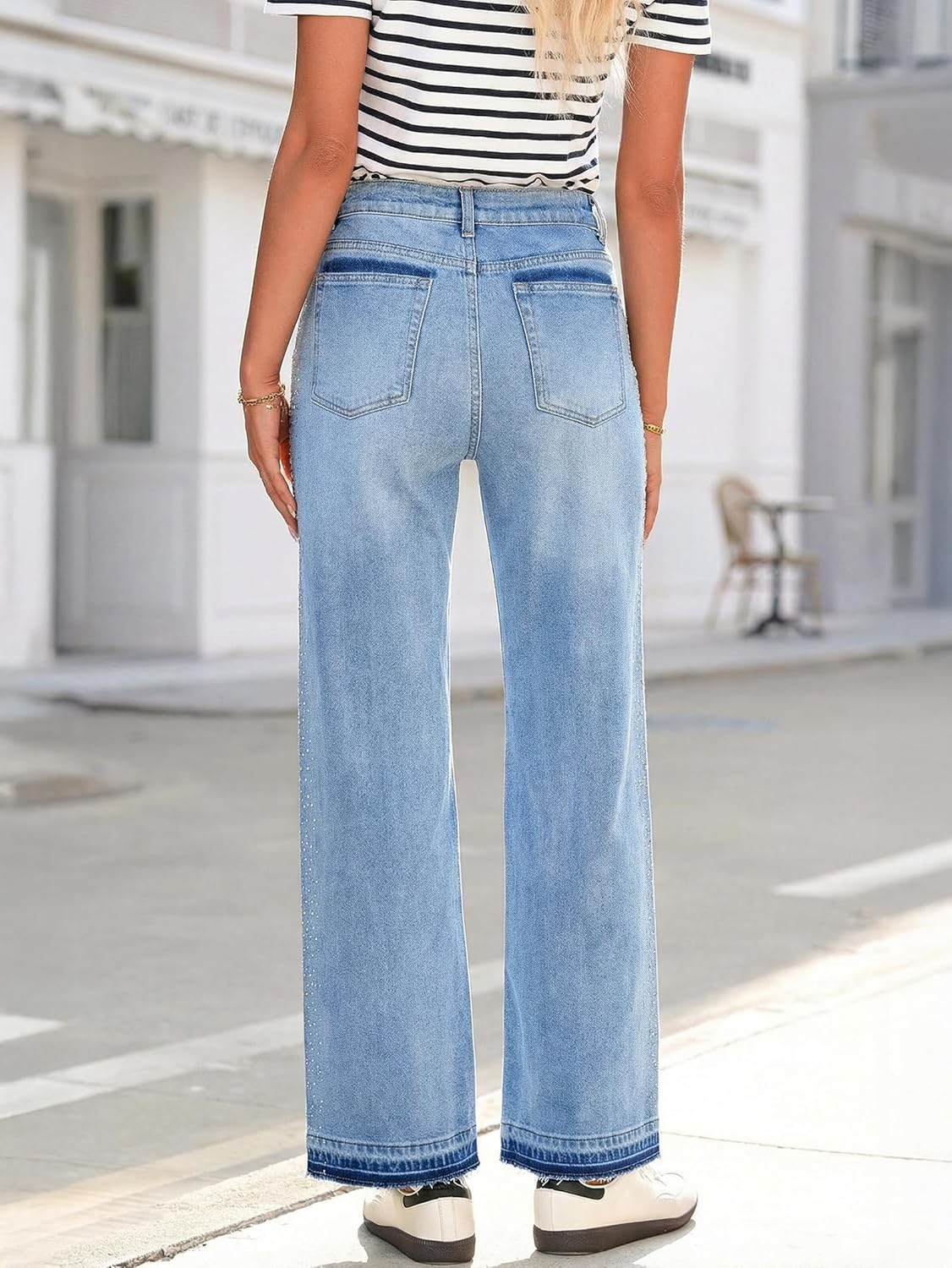 EMMIOL Women's Straight Wide Leg Rhinestone Jeans Trendy High Waisted Sparkly Bling Glitter Denim Pants Boyfriend