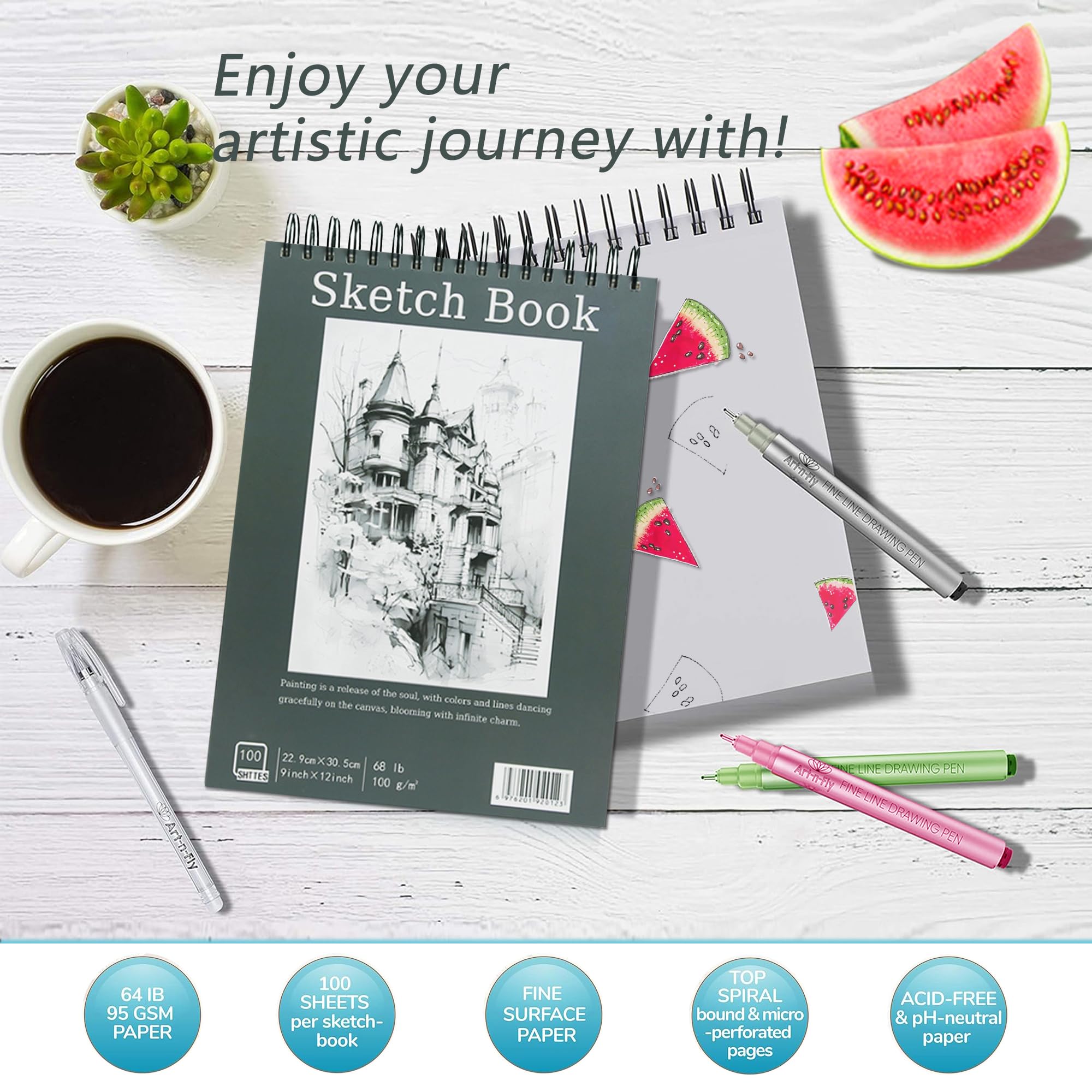 1 Pack 100-Sheets (68lb/100gsm), Acid Free Art Sketchbook Artistic