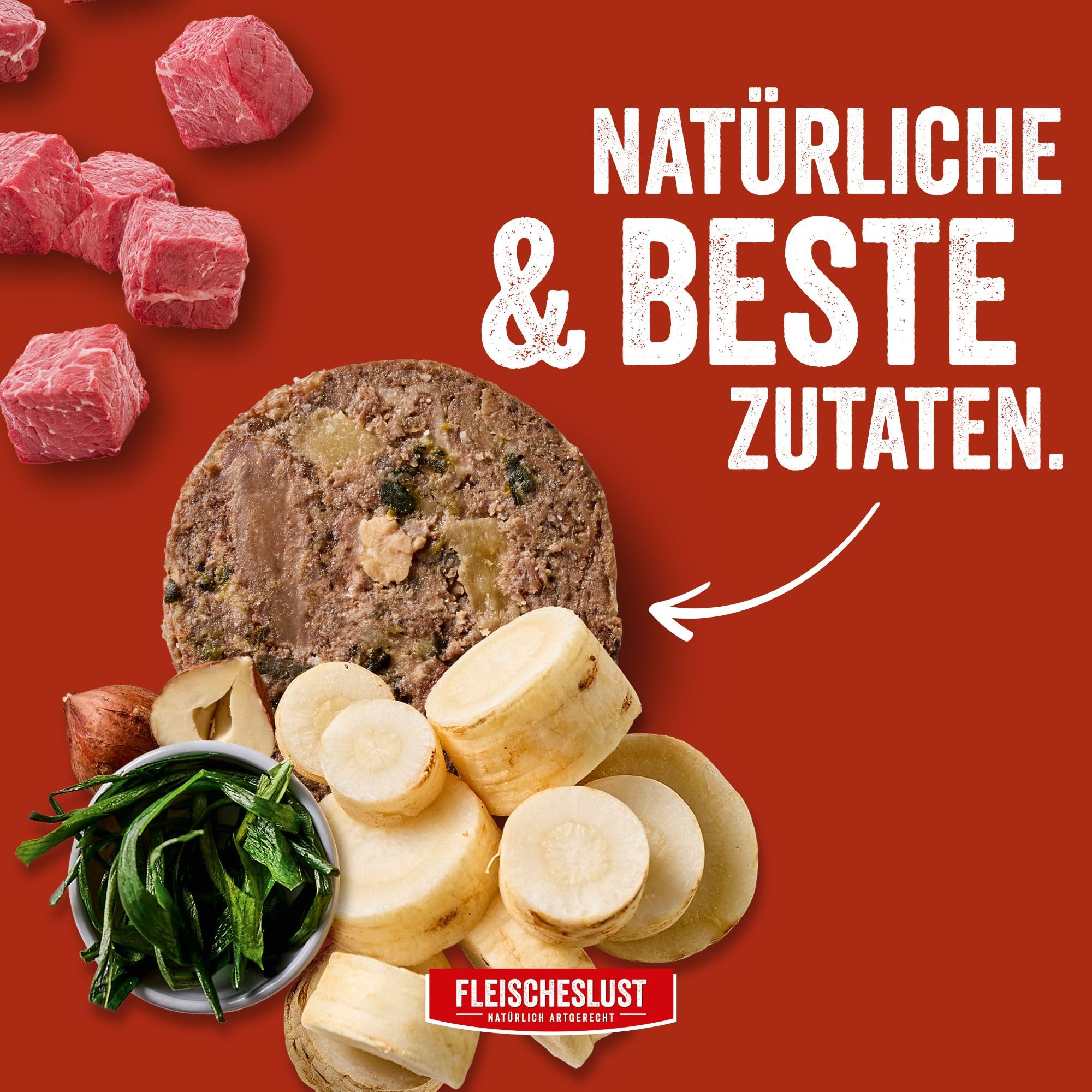 Fleischeslust Salchichas para perros, menú de carne con chirivía, avellana y algas marinas, caja de alimentos (6 x 800 g), comida húmeda, resistente a los cortes, sin cereales, pienso completo para