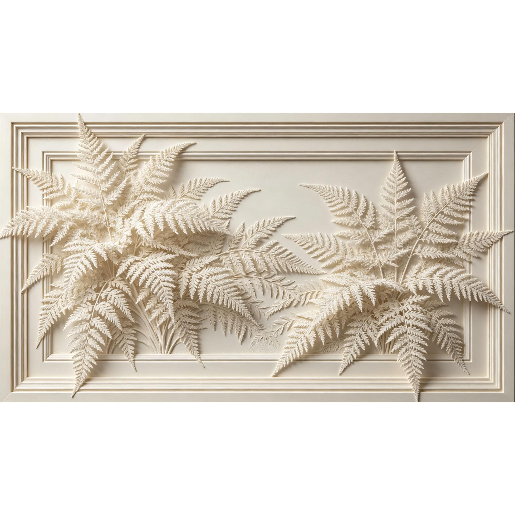 QZLITHOTIC 50x90cm3D Framed Wall Art， Botanical Cream Fern Relief Self‑Adhesive Mural， Water‑Activated Peel & Stick Fabric Decor Wall Decal for Bedroom Living Room