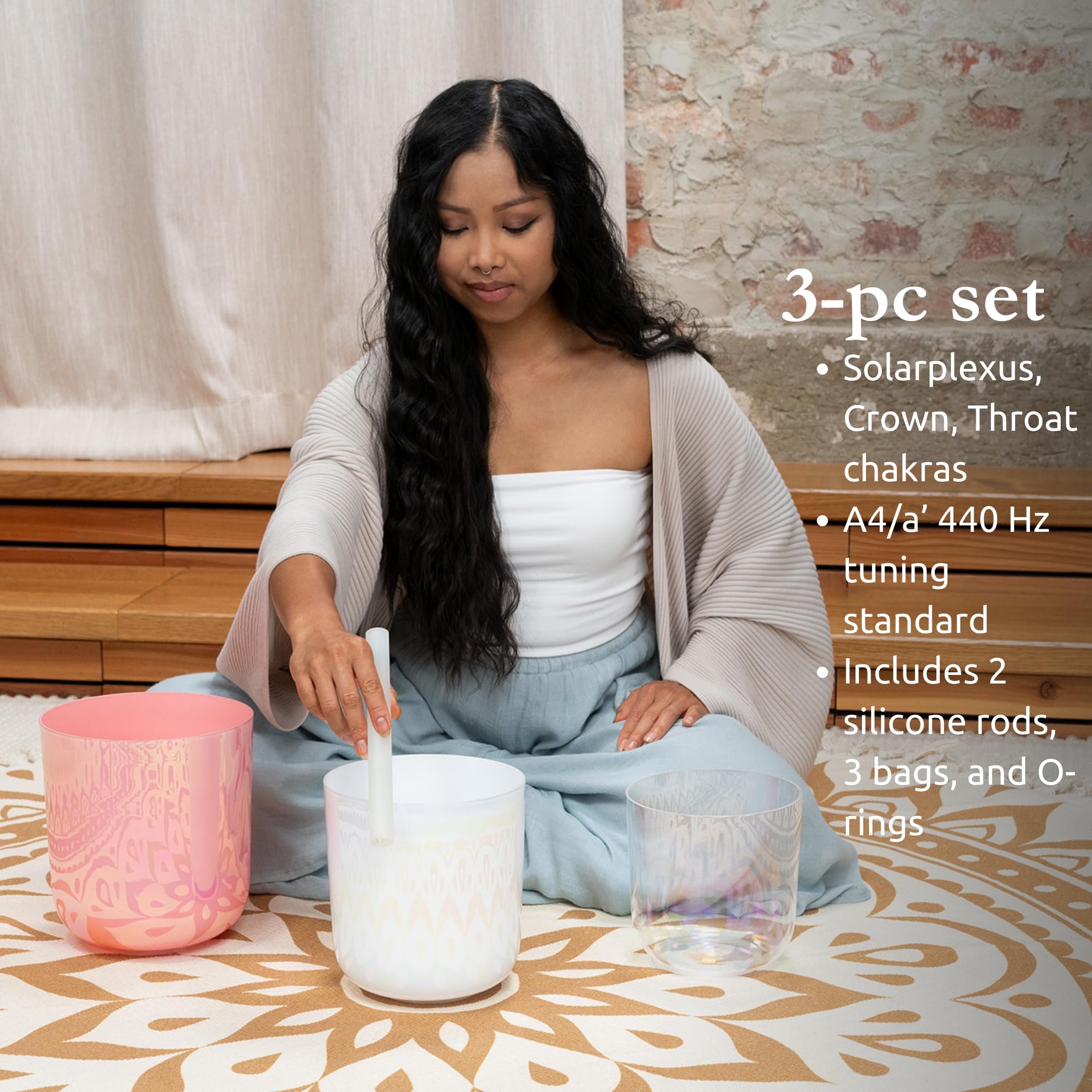 Sonic Energy Set di campane tibetane in cristallo, 440 Hz, tono E4/H3/G3, per meditazione, yoga, guarigione del suono (ECSBSETEBG)