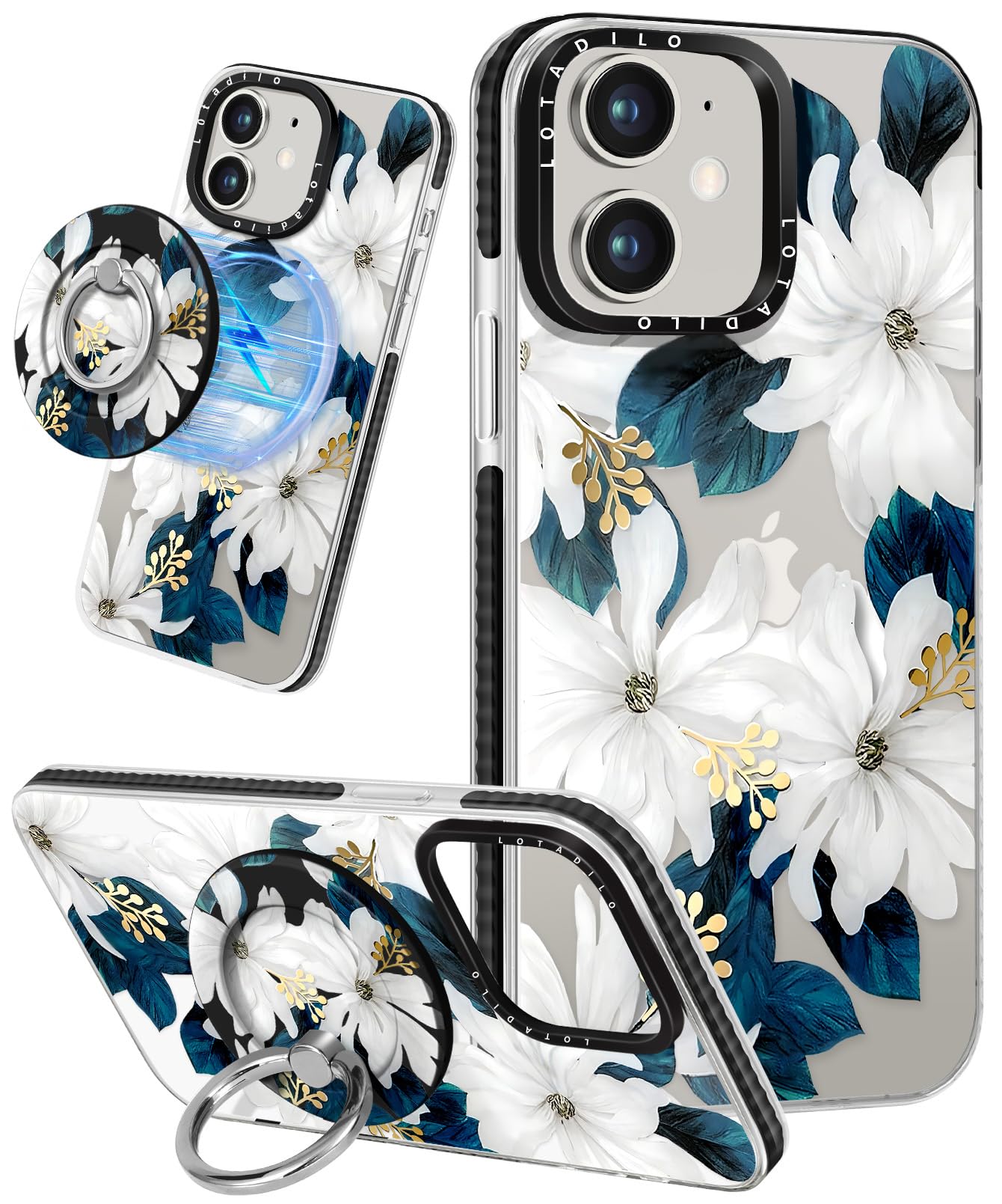 Lotadilo for iPhone 12 Case for Women Girls - Compatible with Magsafe Cute Design Magnetic Ring Holder Stand Blue Flower Fashion Pattern TPU Phone
