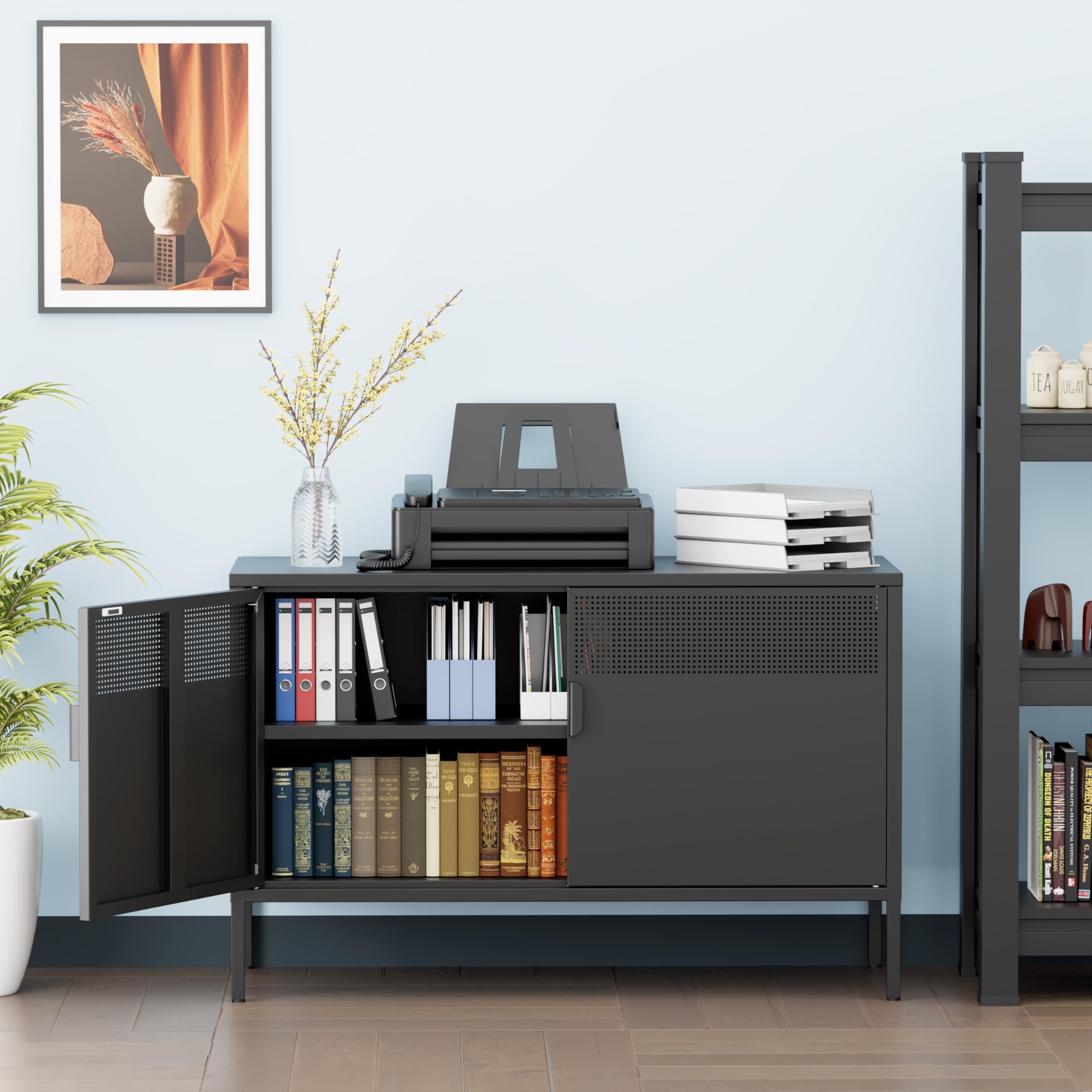 Metall Kommode 100 cm Breit, Aufbewahrungsschrank Sideboard mit 2 Mesh Türen, Metallschrank in Schwarz, Mehrzweckschrank mit flexiblen Einlegeböden, Aktenschrank & Büroschrank für zu Hause und Büro