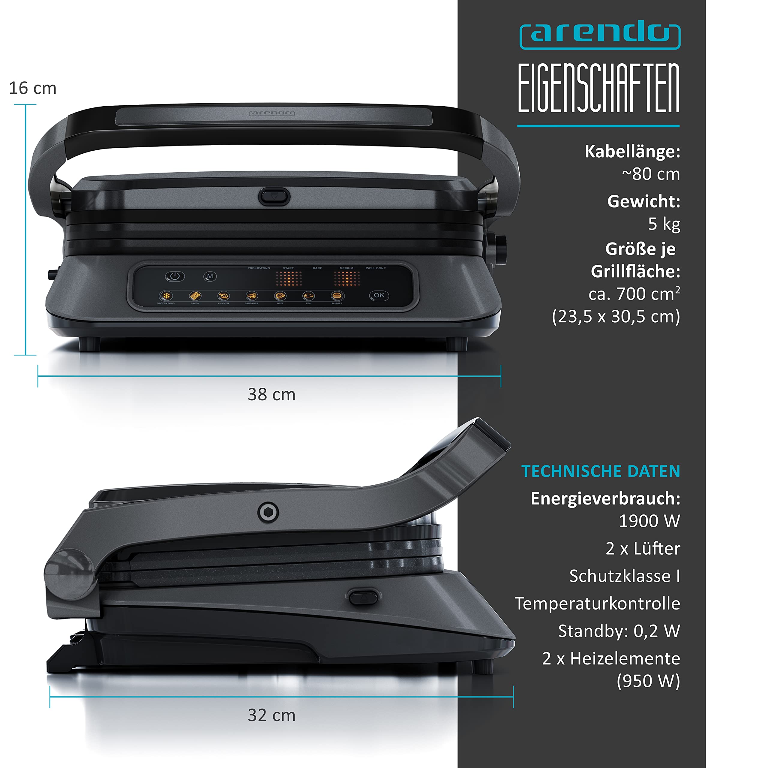 Arendo - Griglia a contatto - Griglia elettrica - Griglia elettrica da tavolo con controllo digitale 1900 W - Sandwich maker - 7 programmi - Acciaio inossidabile antiaderente - Piastre rimovibili