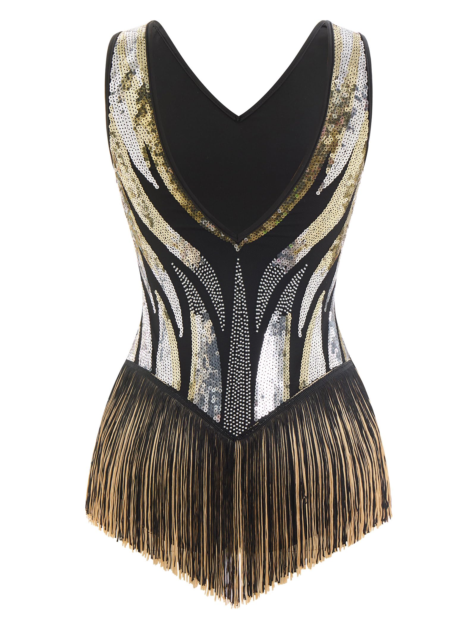 Salsa Latin Dance Kleid für Damen Pailletten Fransen Flapper Bodysuit 1920s Vintage Cocktail Jazz Akrobat Leotard Kostüm Gold XS