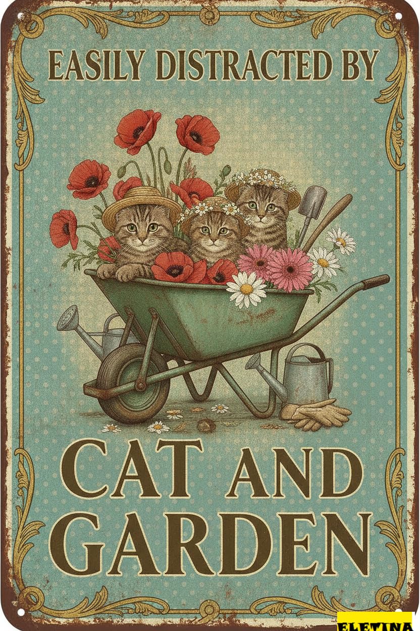 Personalized Sign for Man Cave Metal Easily Distracted By Cats & Garden Vintage Retro Aluminum Tin Garden, Kitchen, Office, Home, Bar, Cafe Decor 8x12 Inch Private Property Decorative