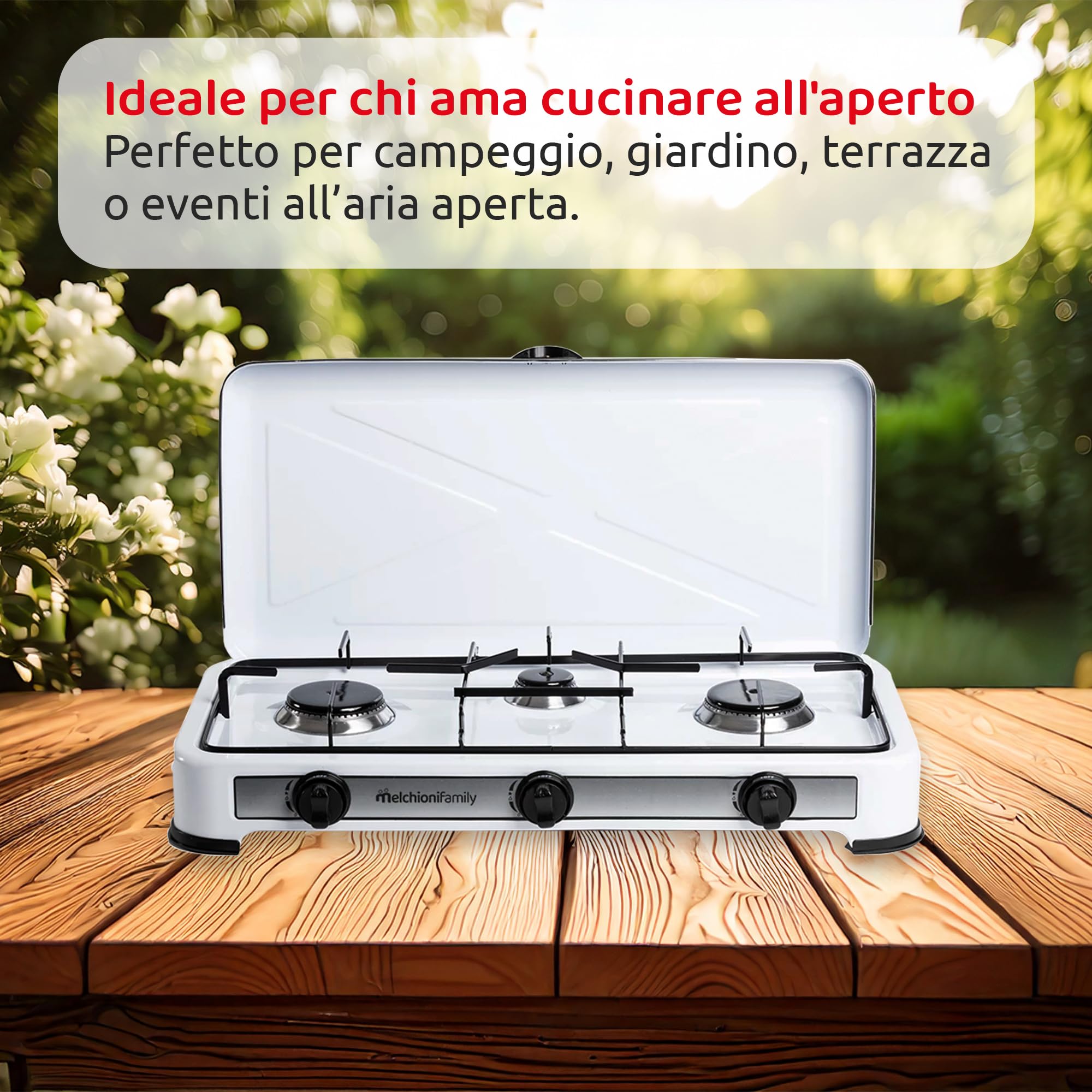 Fornello da Campeggio Melchioni Family, 3 Fuochi Portatile, Regolazione della Fiamma, Utilizzo Esterno, Design Compatto e Pulizia Semplice, 5.66 KW