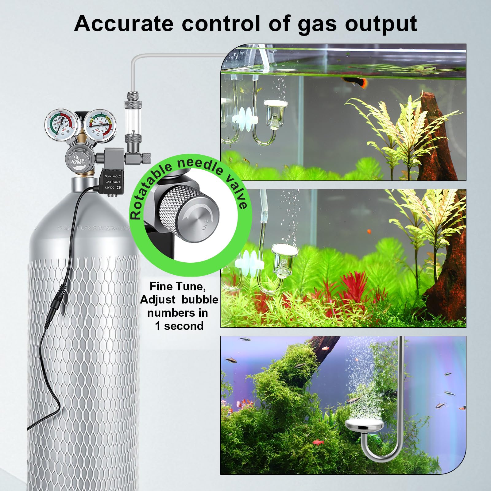 Regulador co2 Acuario DC Solenoide,co2 Regulator para Acuario Calibre Doble | Display preciso doble calibre, contador burbujas con válvula retención, Válvula aguja giratoria control preciso la salida gas